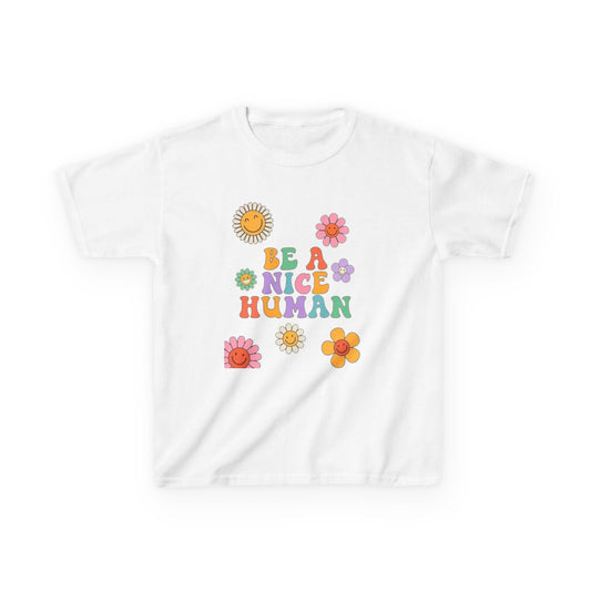 Kids T-Shirt — "Be a Nice Human" Retro Floral Graphic Tee