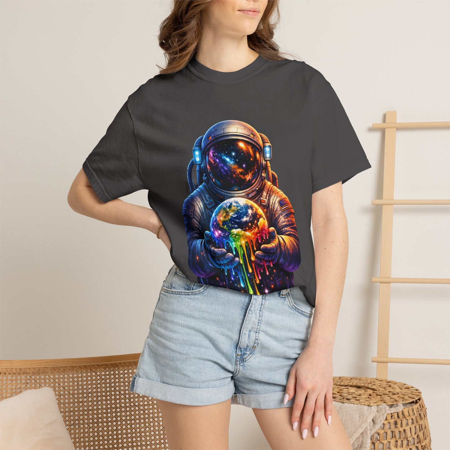 Astronaut Holding Melting Planet T-Shirt — Psychedelic Space Graphic Tee