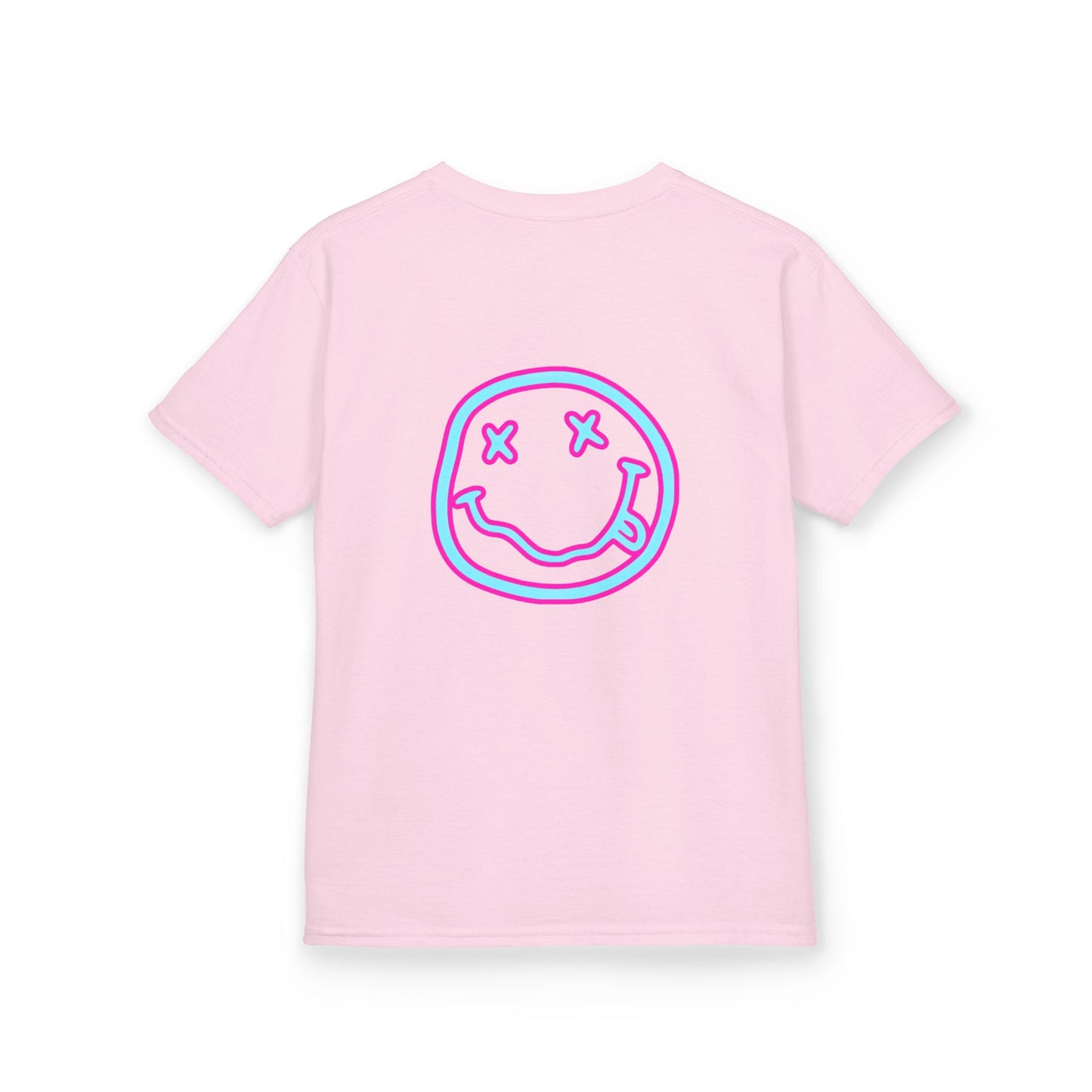 Kids T-Shirt — Neon Smiley Face Graphic Tee (Pink & Blue)
