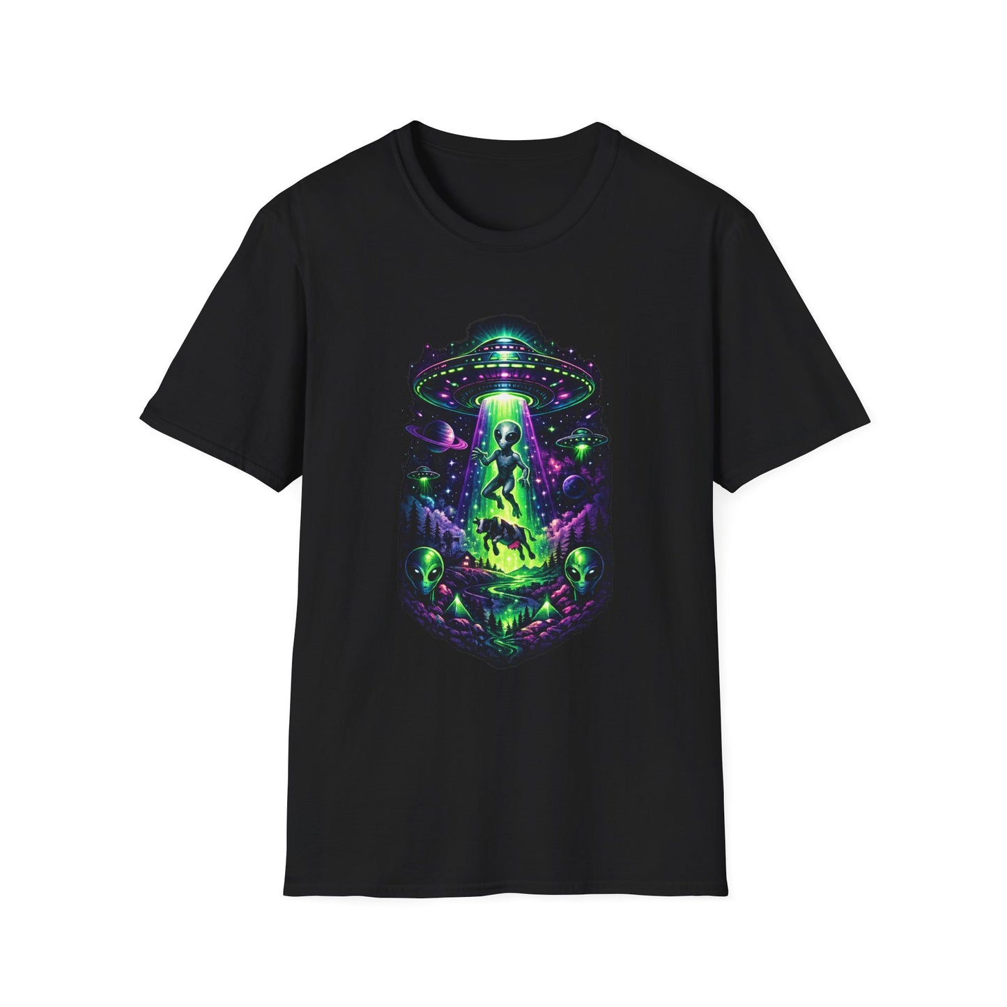 Alien Abduction Graphic Tee — Neon UFO & Alien Illustration T-Shirt