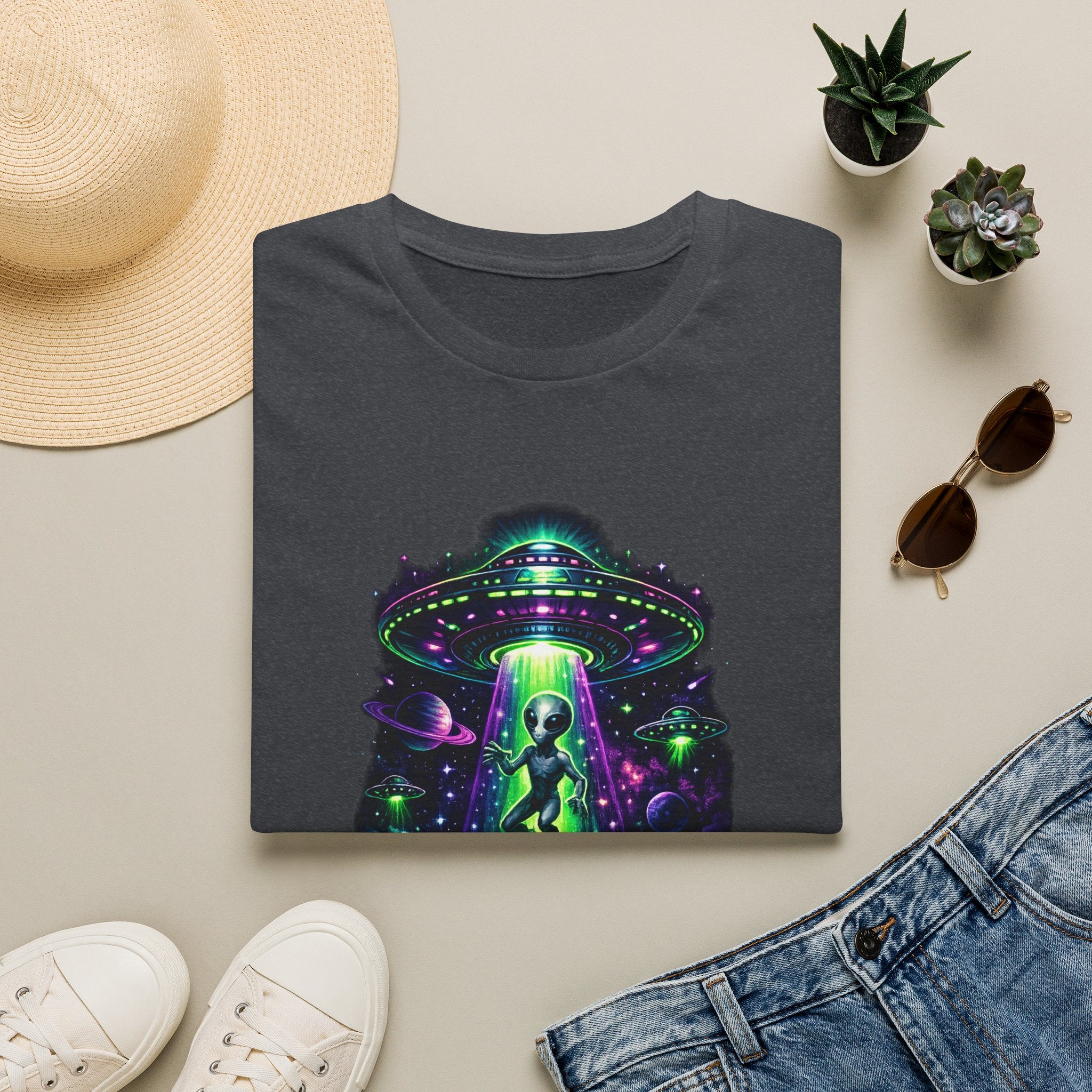 Alien Abduction Graphic Tee — Neon UFO & Alien Illustration T-Shirt