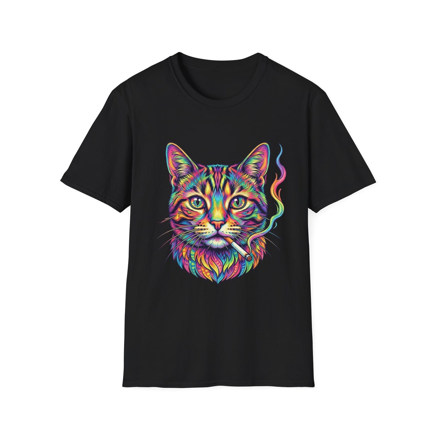 Colorful Psychedelic Cat T-Shirt — Vibrant Rainbow Cat Portrait Tee