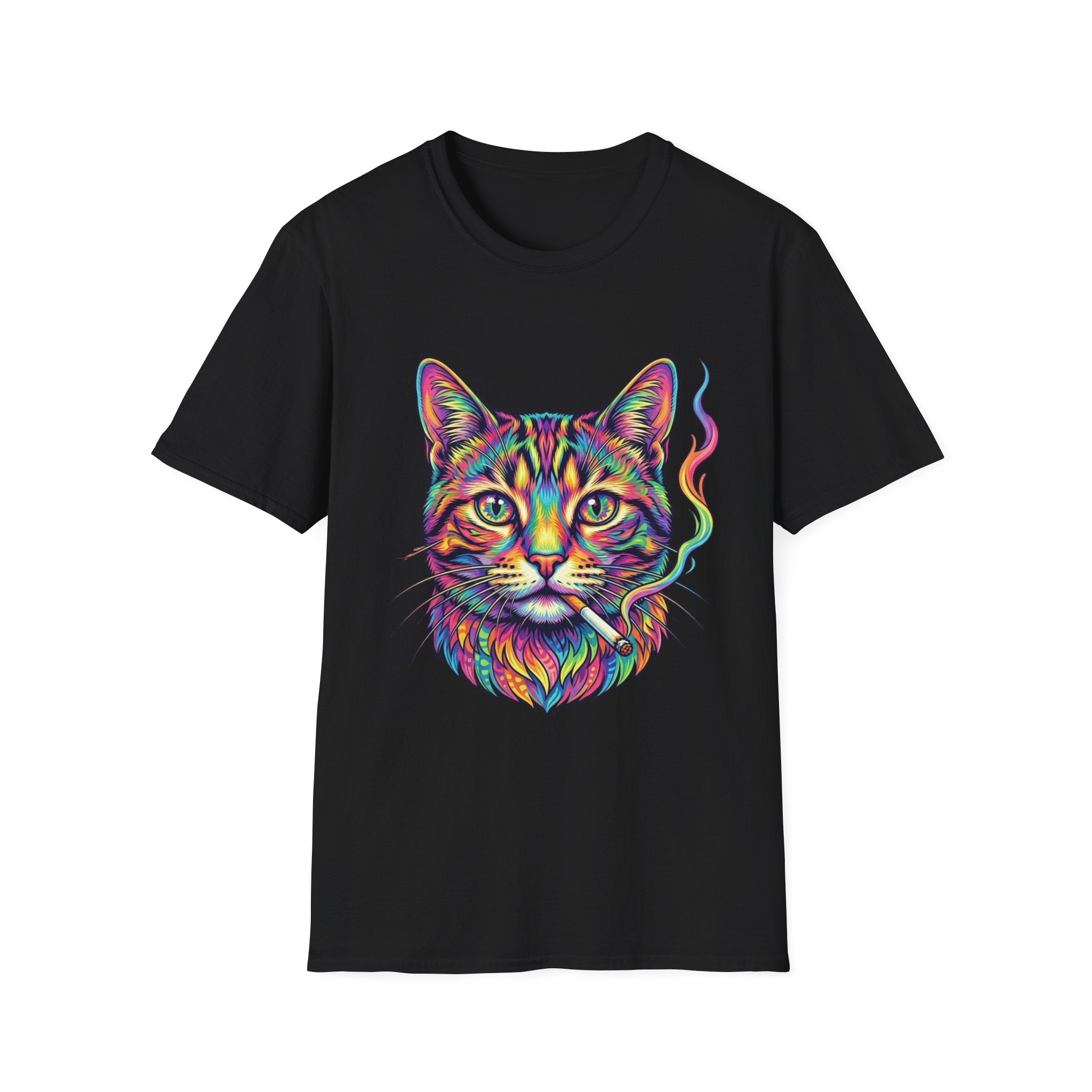 Colorful Psychedelic Cat T-Shirt — Vibrant Rainbow Cat Portrait Tee