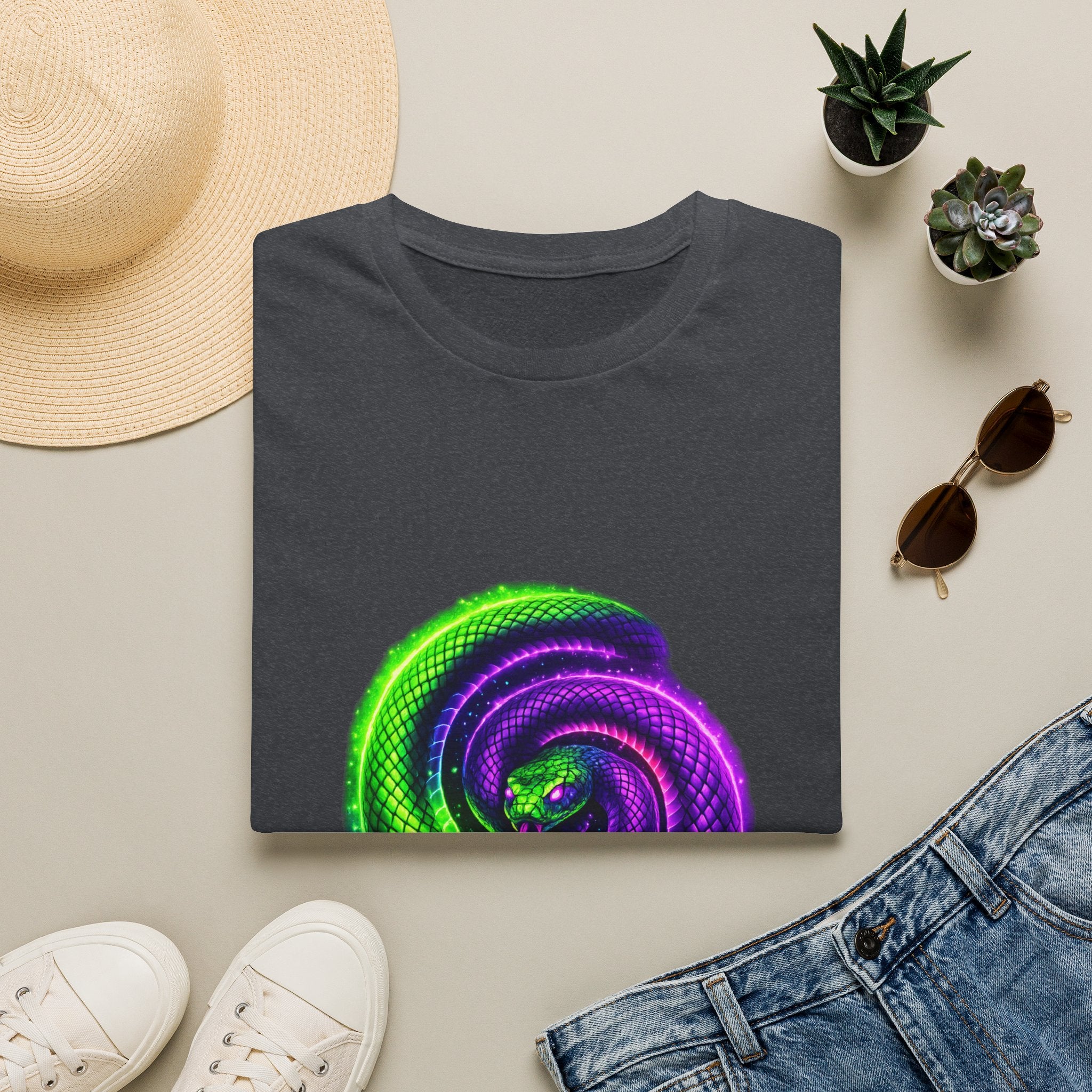 Psychedelic Spiral Snake T-Shirt — Neon Green & Purple Swirl Graphic Tee