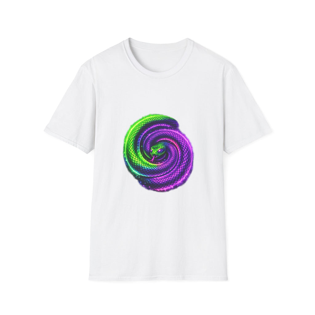 Psychedelic Spiral Snake T-Shirt — Neon Green & Purple Swirl Graphic Tee