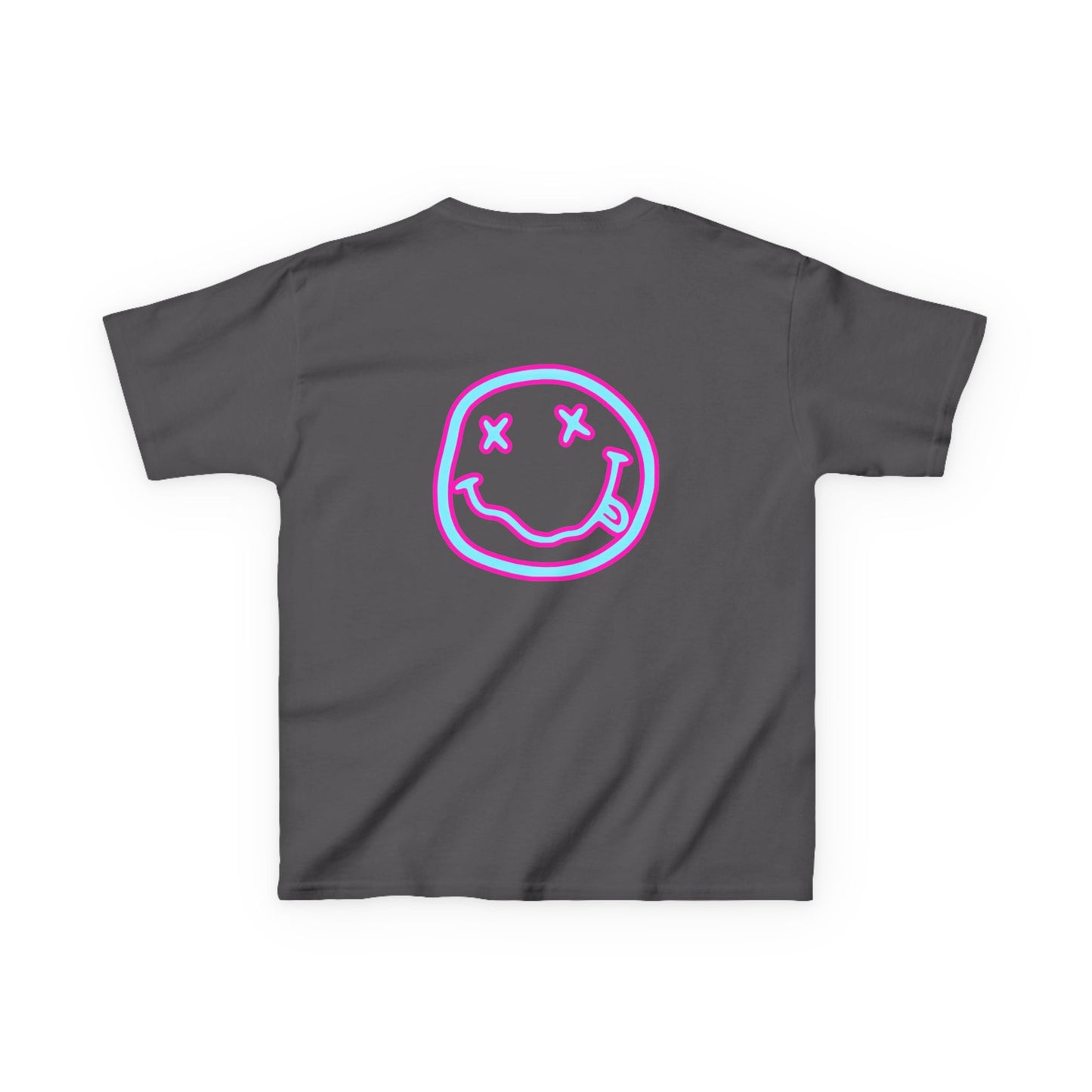 Kids T-Shirt — Neon Smiley Face Graphic Tee (Pink & Blue)
