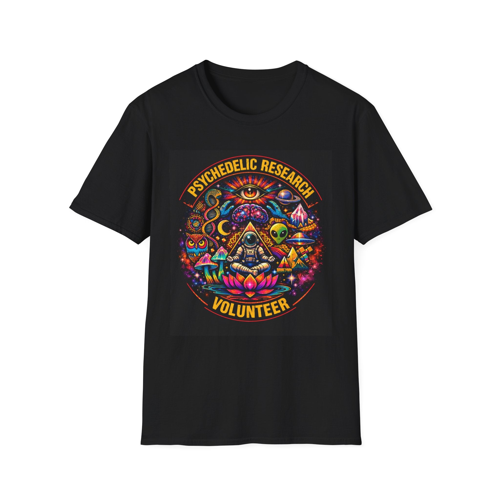 Psychedelic Research Volunteer T-Shirt — Colorful Trippy Mushroom & Alien Design