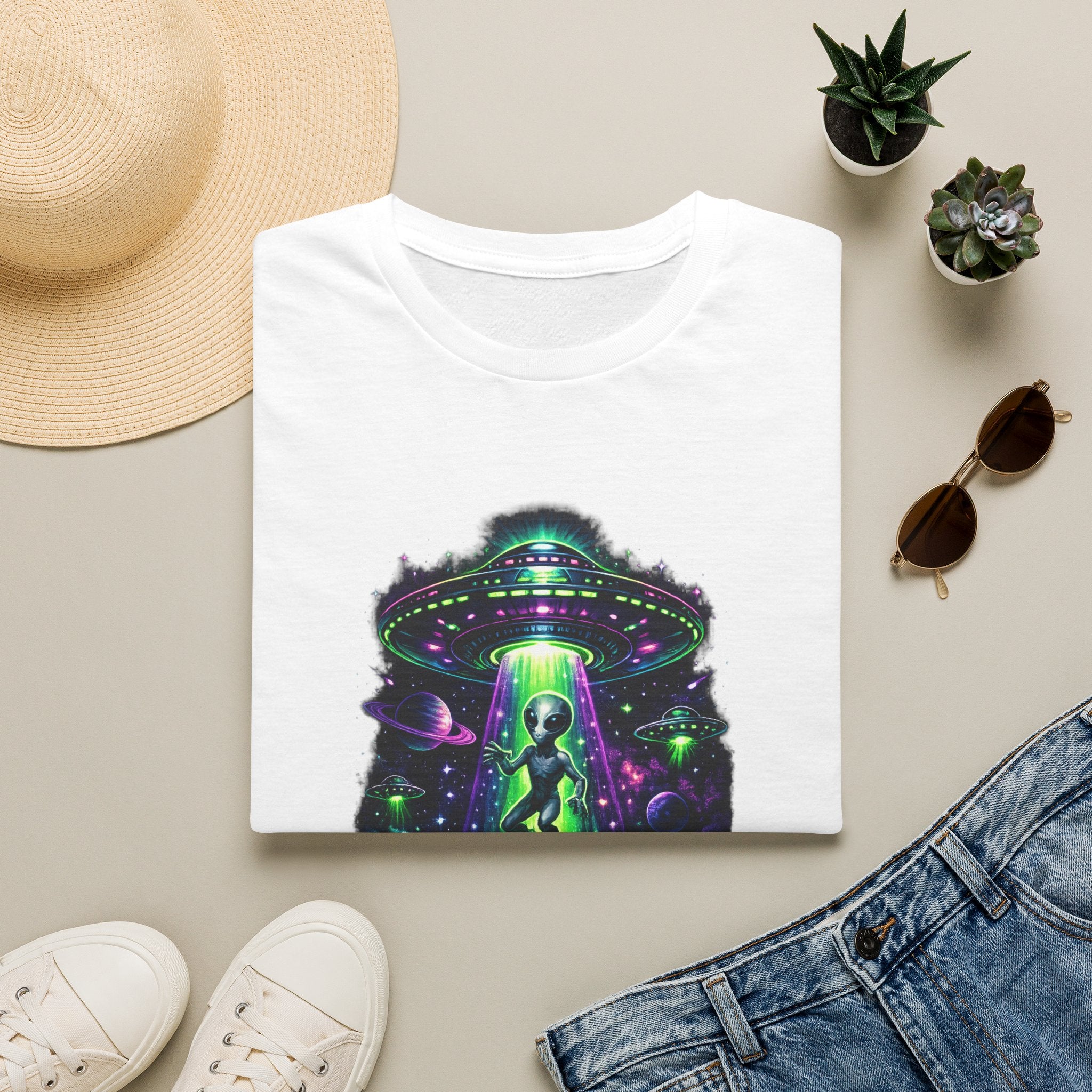 Alien Abduction Graphic Tee — Neon UFO & Alien Illustration T-Shirt