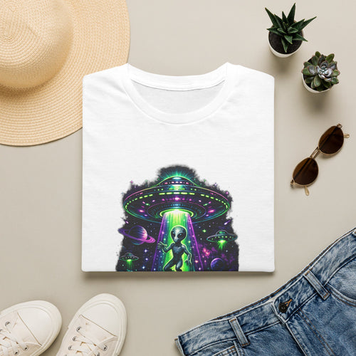 Alien Abduction Graphic Tee — Neon UFO & Alien Illustration T-Shirt