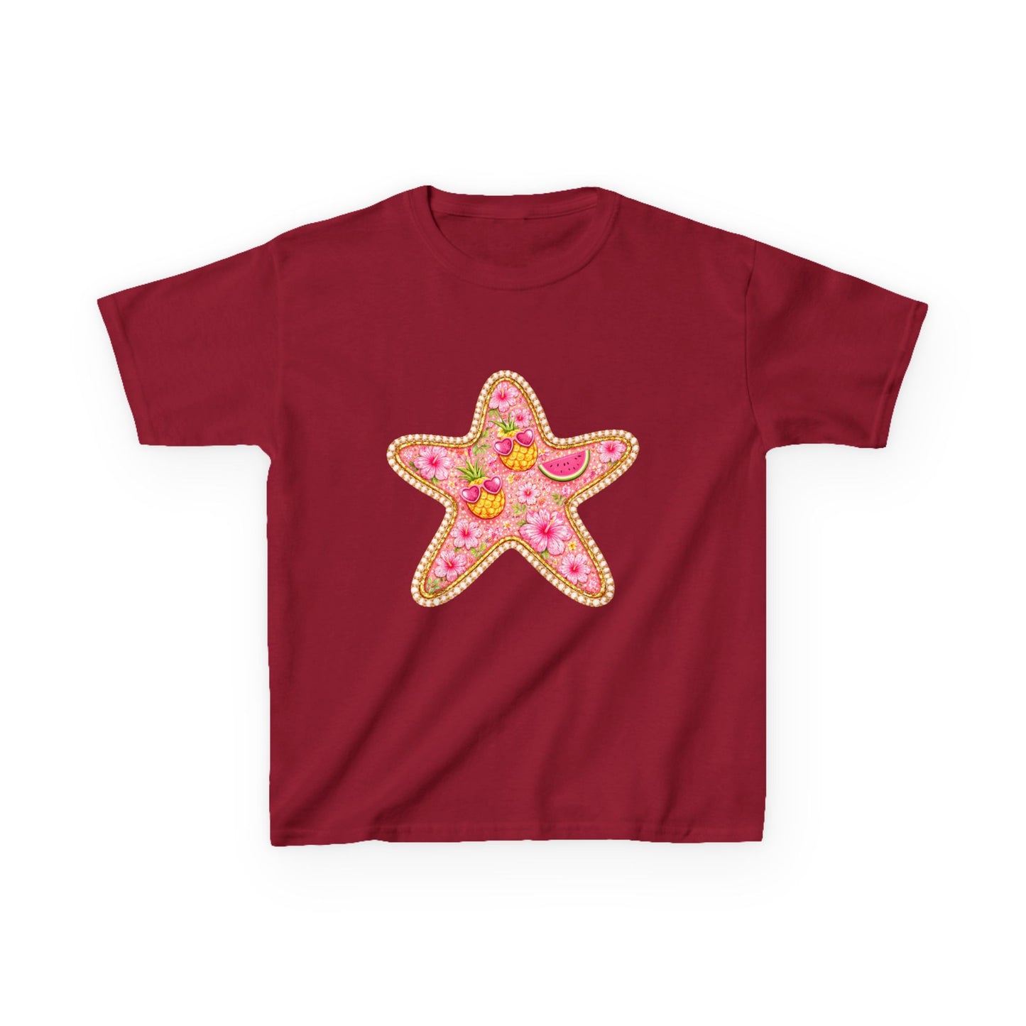 Kids Starfish Tee — Pink Floral Sequin Star Design