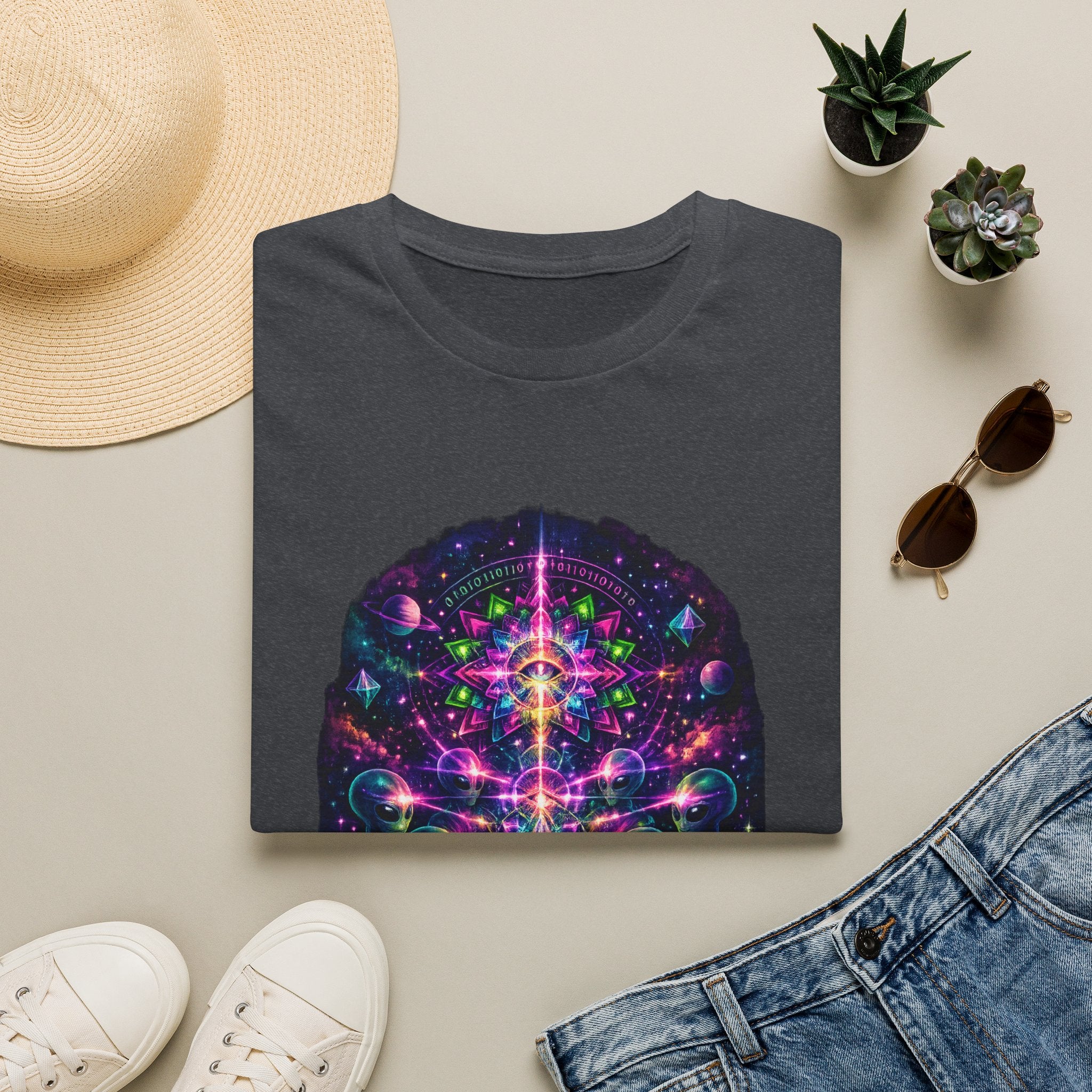 Psychedelic Cosmic Alien T-Shirt — Neon Sacred Geometry Tee