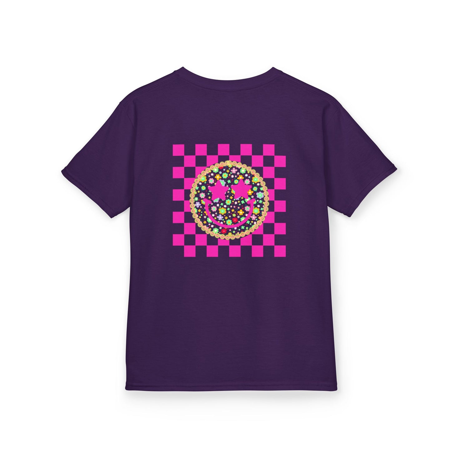 Kids Tee — Retro Pink Checker Smiley Face with Star Eyes
