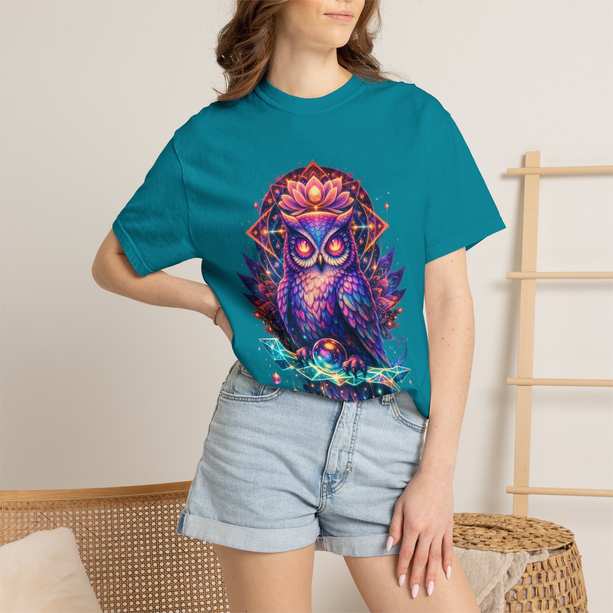 Mystic Owl Graphic T-Shirt — Colorful Boho Owl Art Tee