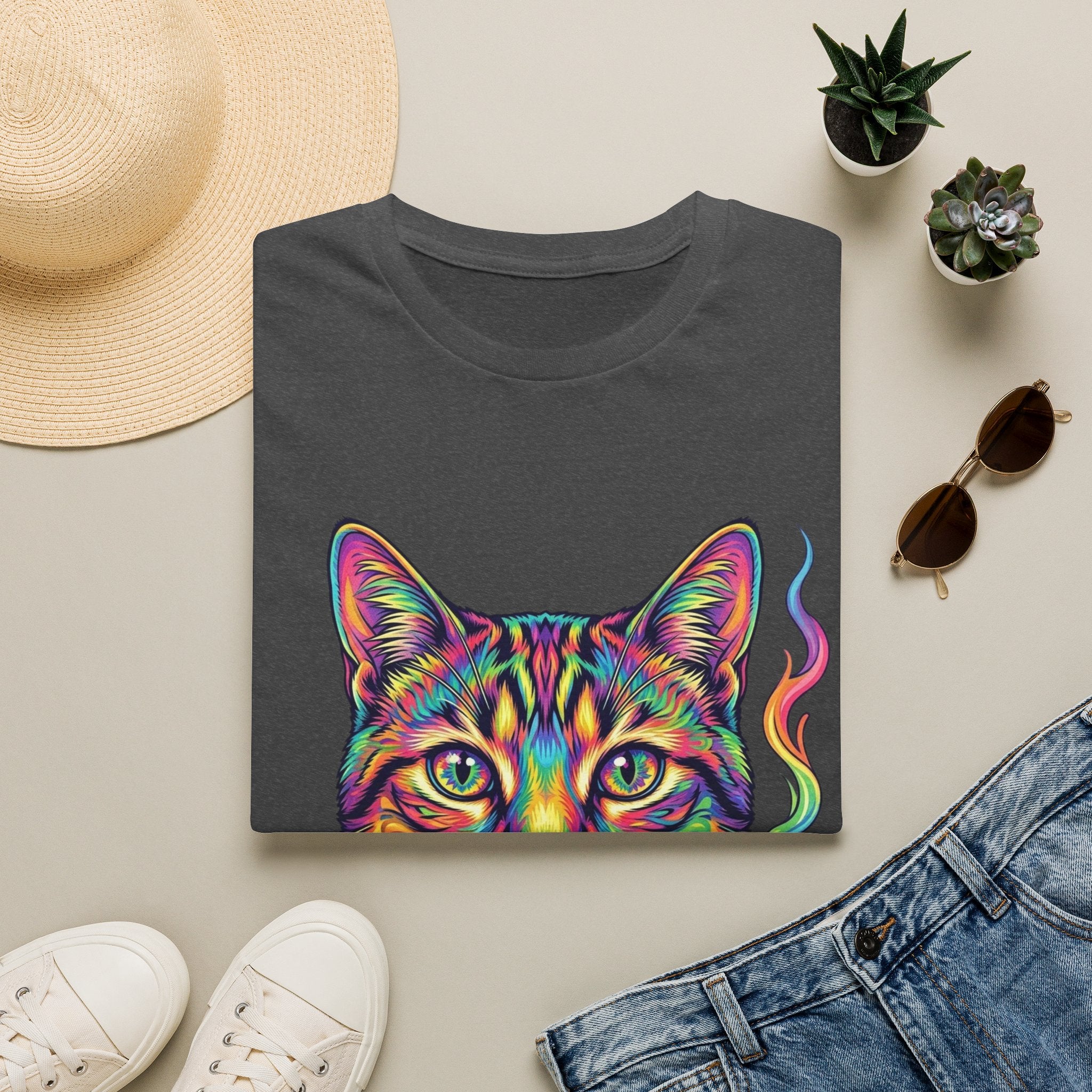 Colorful Psychedelic Cat T-Shirt — Vibrant Rainbow Cat Portrait Tee