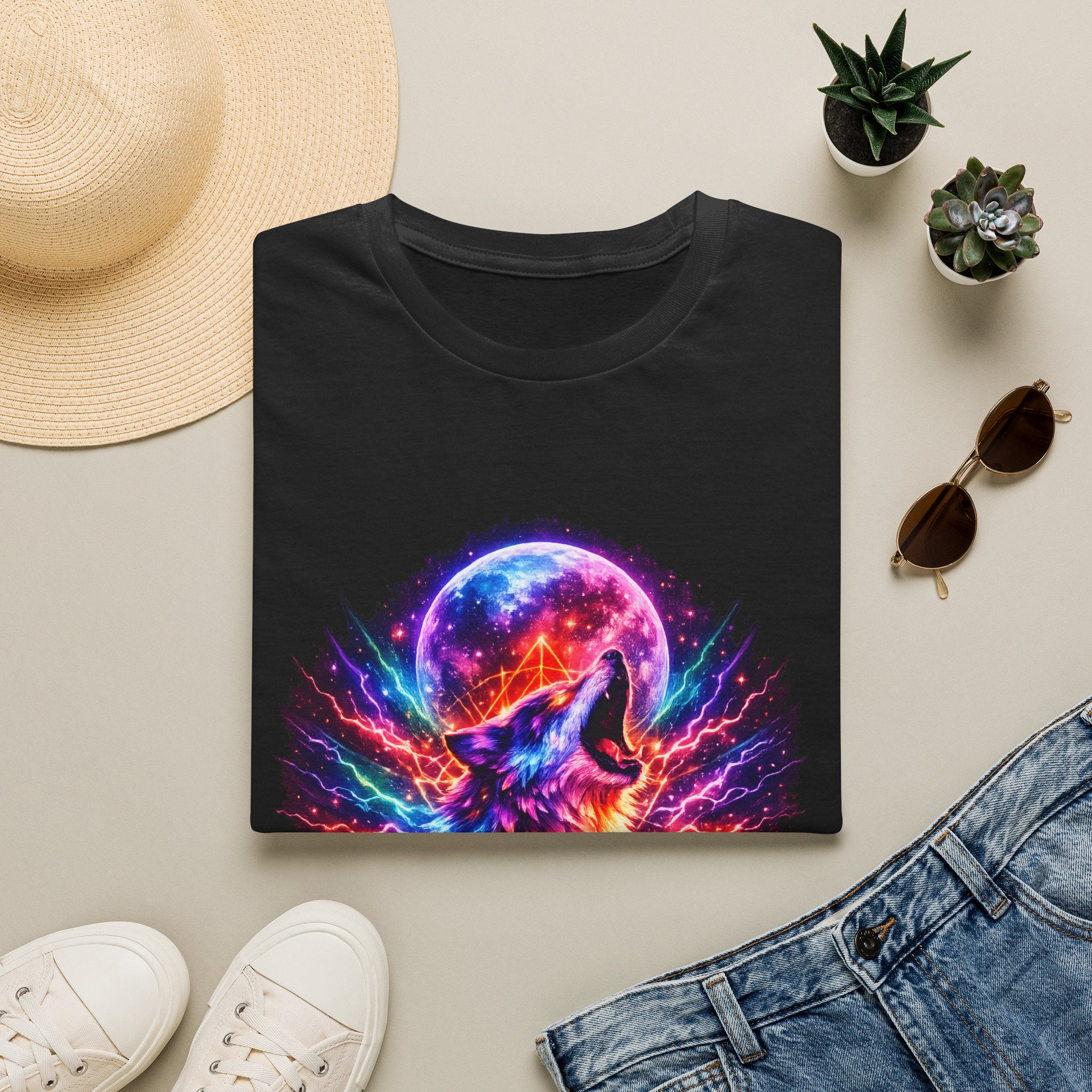 Cosmic Howl T‑Shirt — Neon Galaxy Wolf Graphic Tee