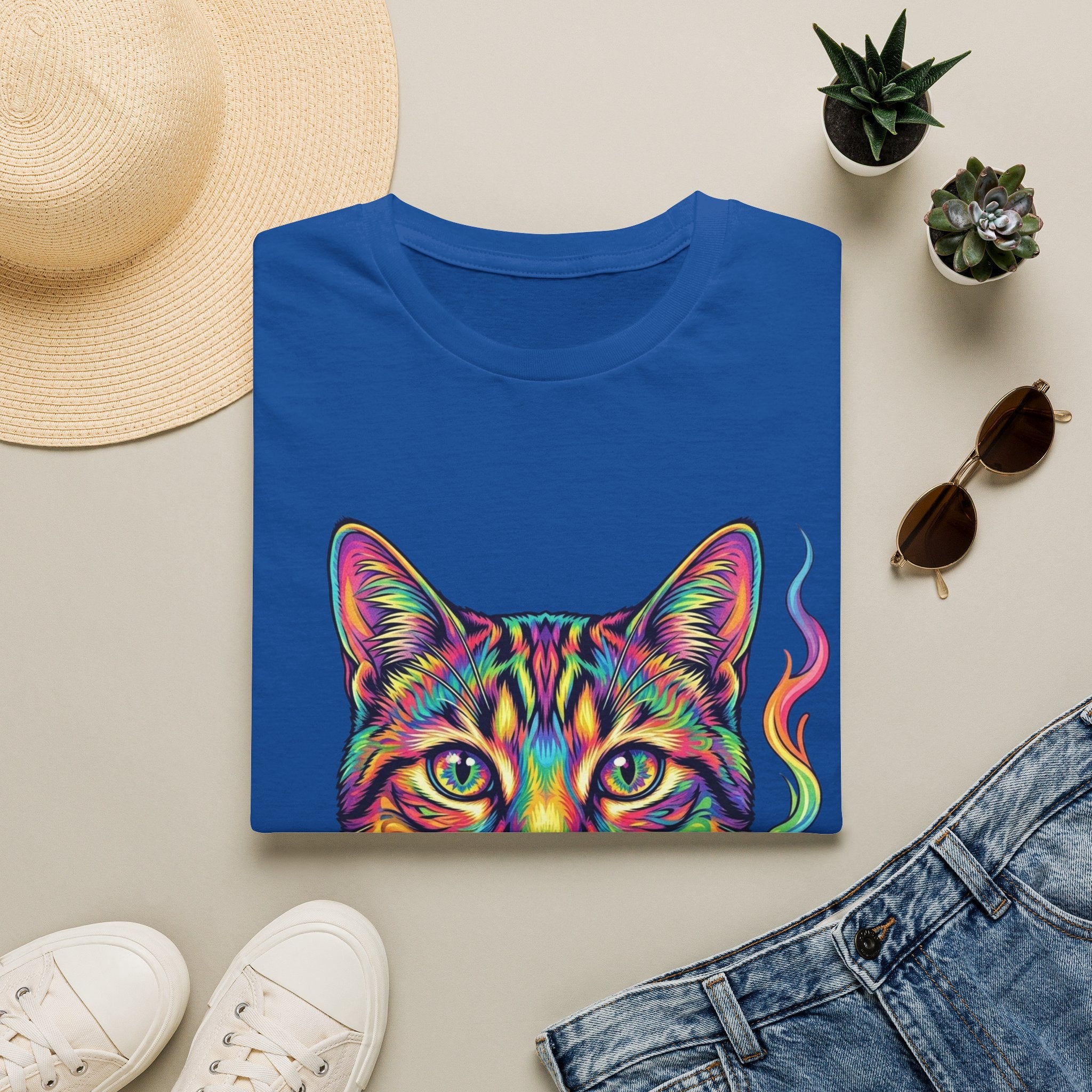 Colorful Psychedelic Cat T-Shirt — Vibrant Rainbow Cat Portrait Tee