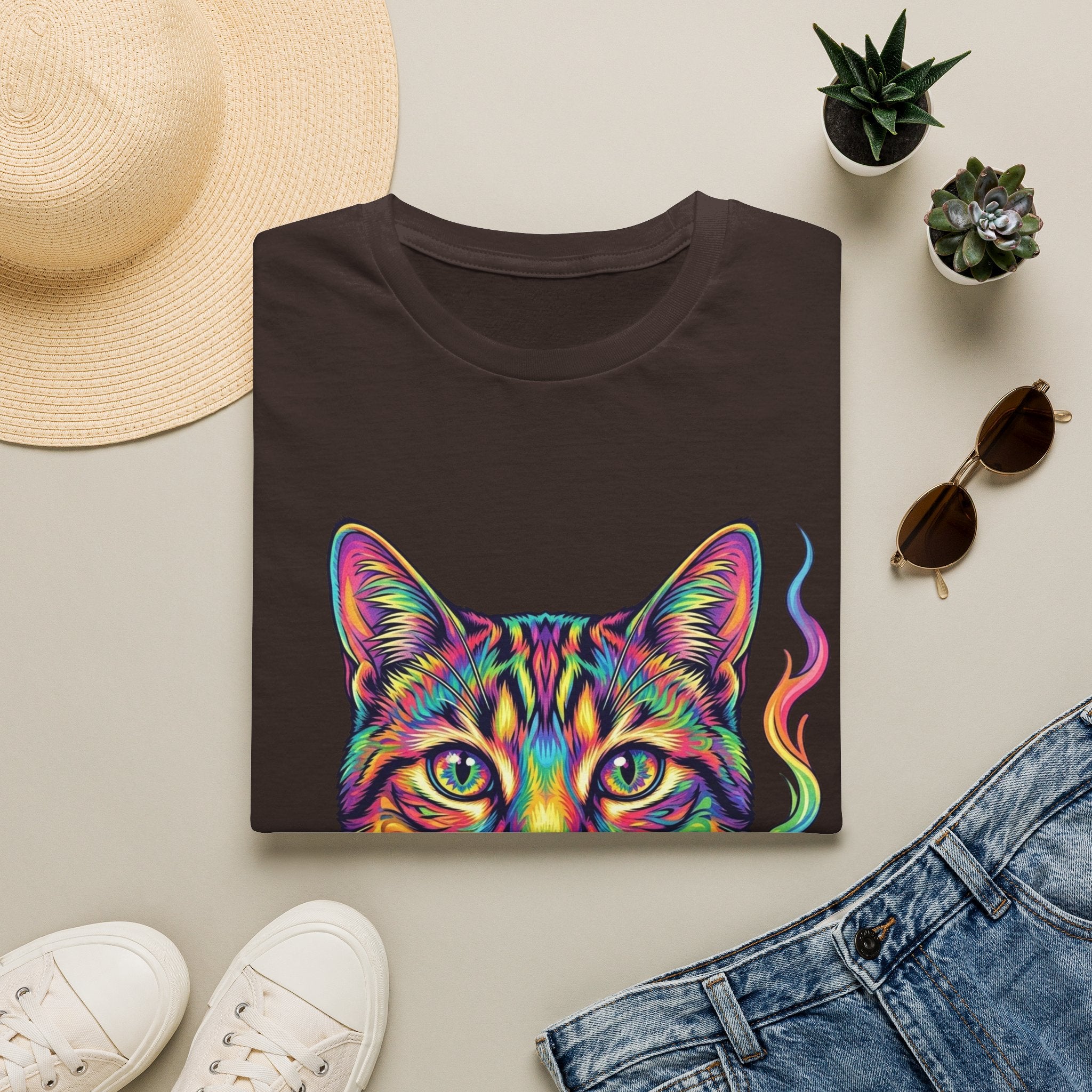Colorful Psychedelic Cat T-Shirt — Vibrant Rainbow Cat Portrait Tee