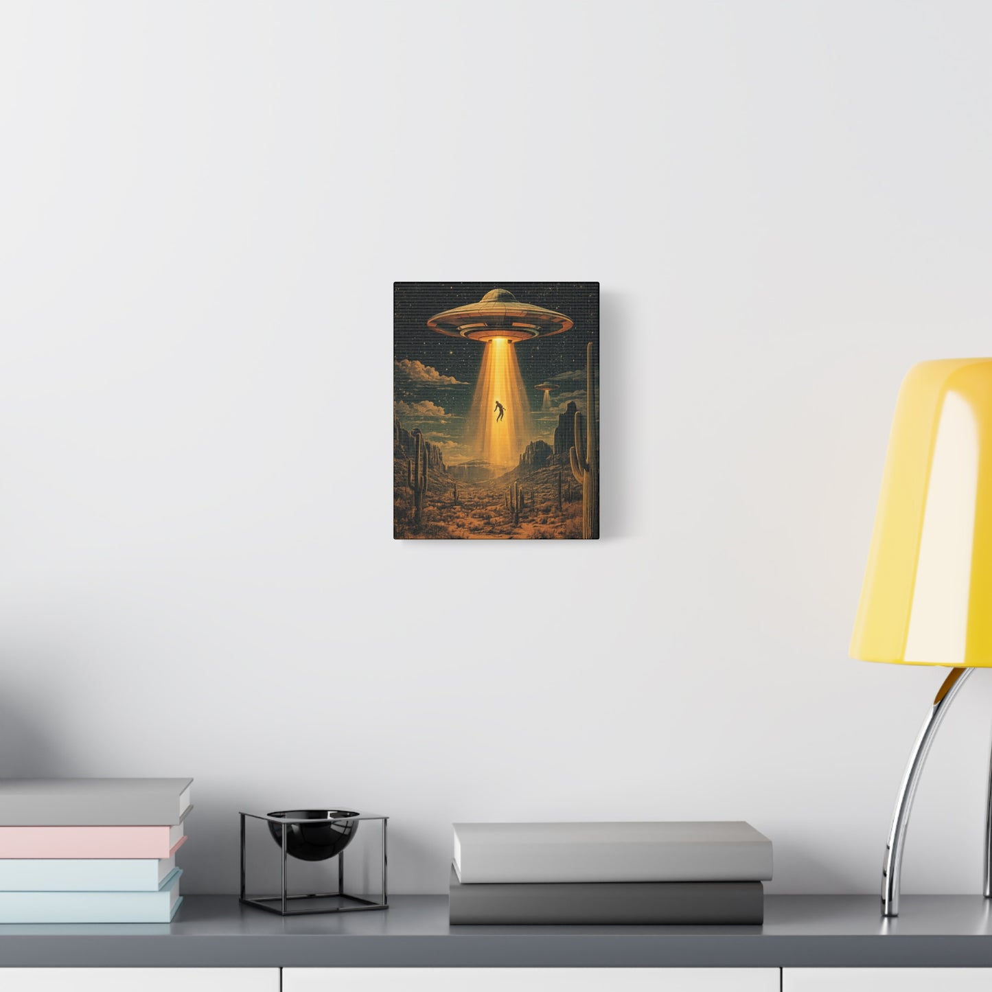 UFO Abduction Matte Canvas Wall Art — Retro Sci‑Fi Alien Beam Stretched Print