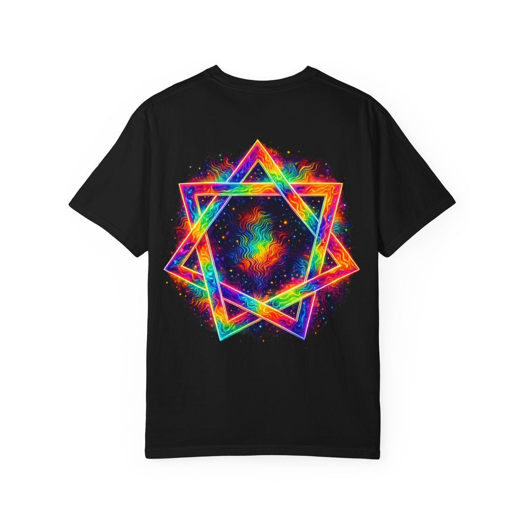 Psychedelic Geometric Star T-Shirt — Neon Mandala Chest & Back Graphic