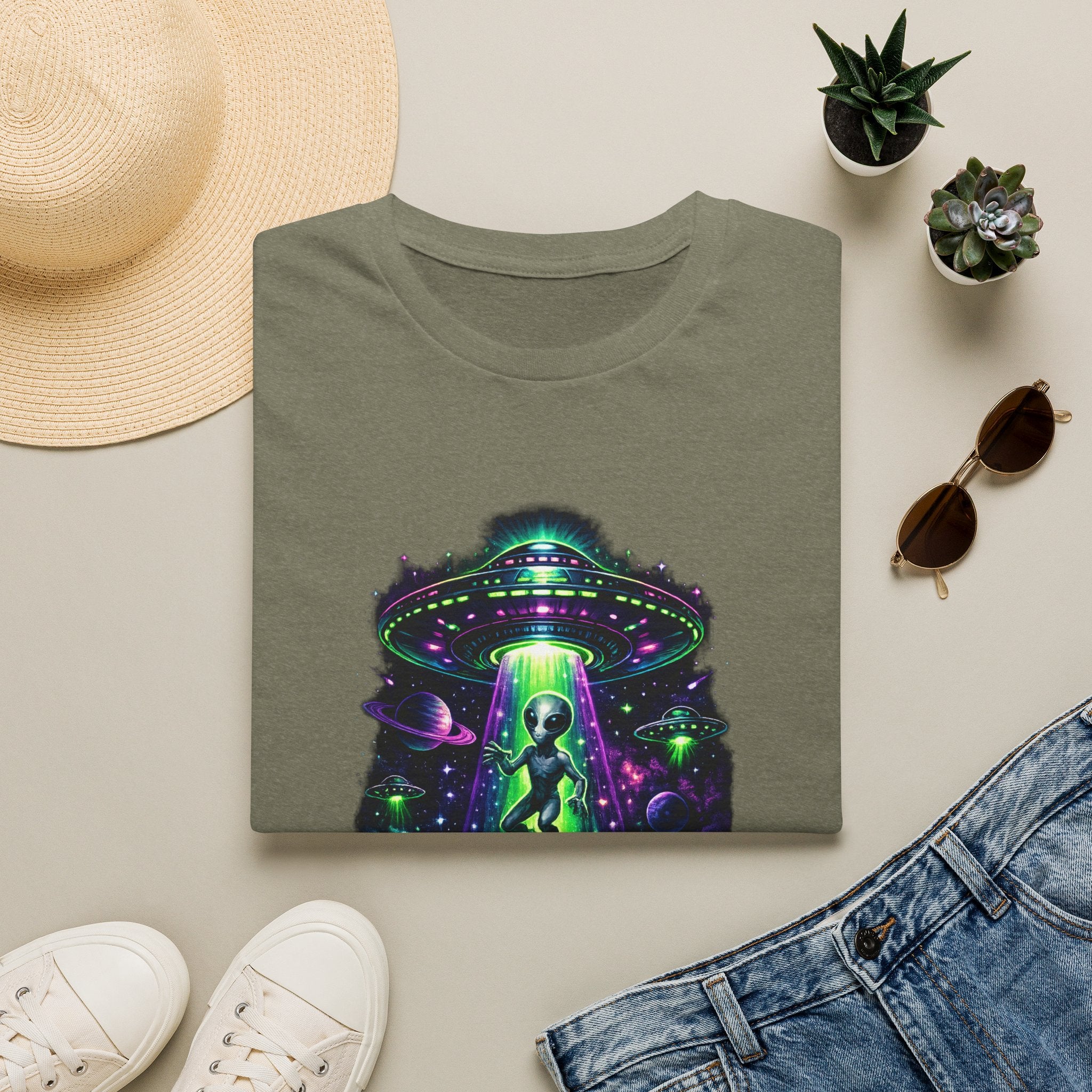 Alien Abduction Graphic Tee — Neon UFO & Alien Illustration T-Shirt