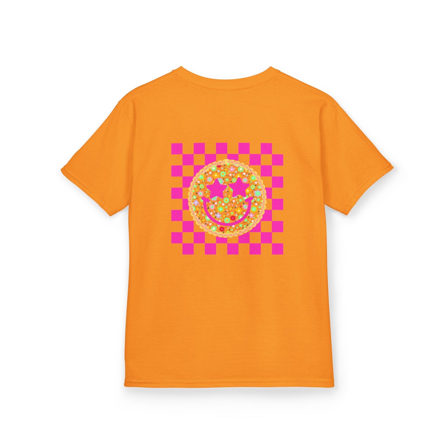 Kids Tee — Retro Pink Checker Smiley Face with Star Eyes