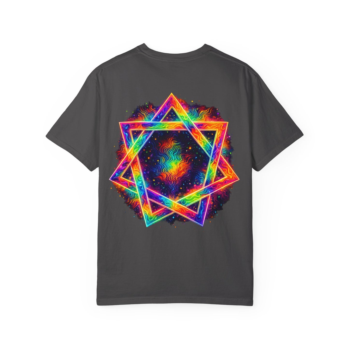 Psychedelic Geometric Star T-Shirt — Neon Mandala Chest & Back Graphic