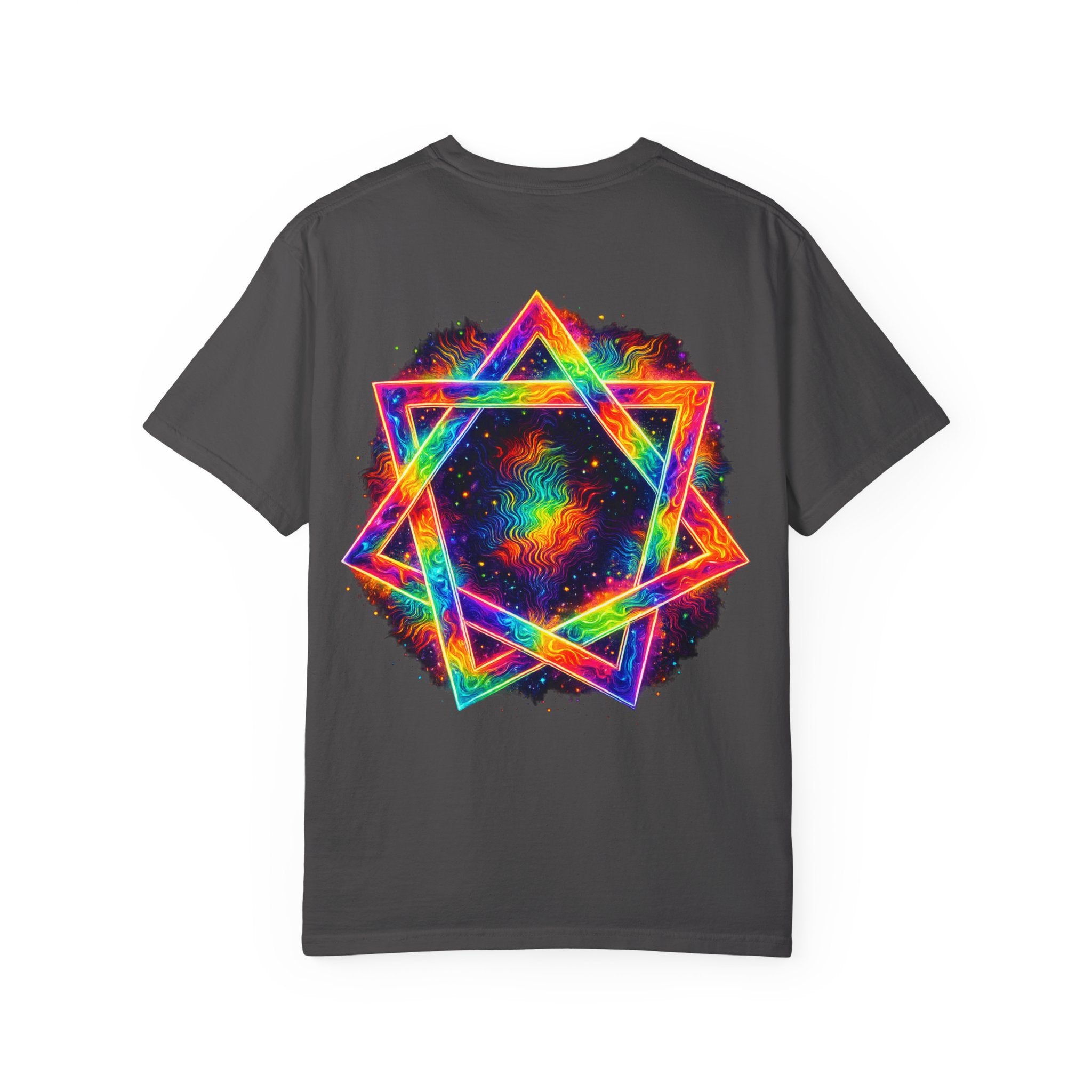 Psychedelic Geometric Star T-Shirt — Neon Mandala Chest & Back Graphic
