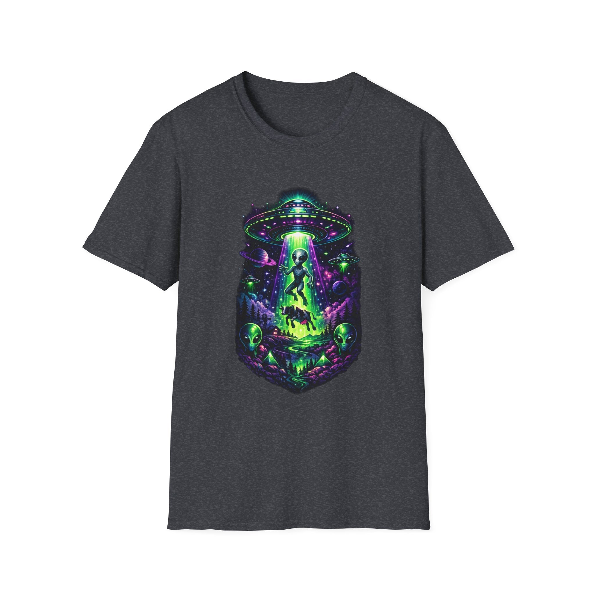 Alien Abduction Graphic Tee — Neon UFO & Alien Illustration T-Shirt