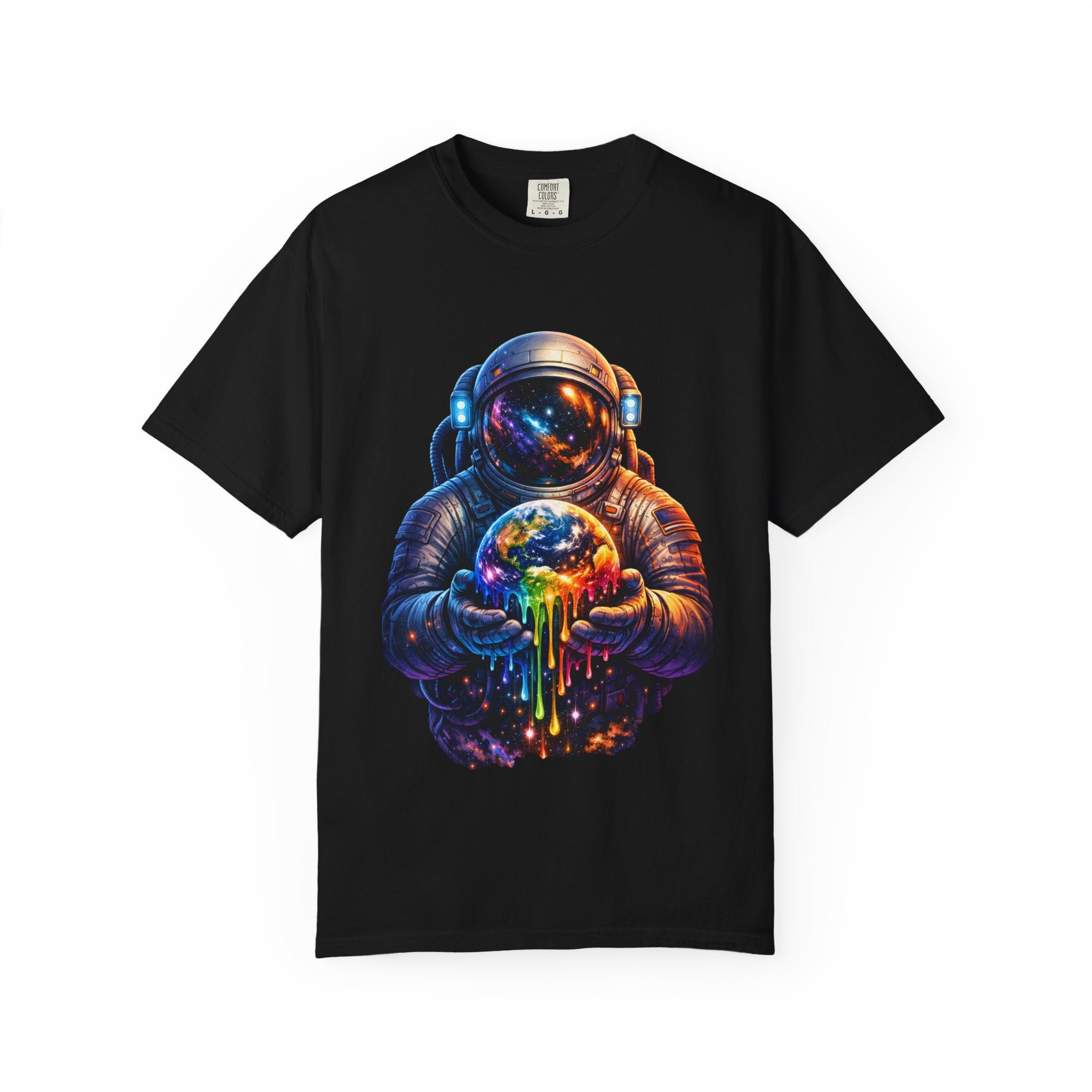 Astronaut Holding Melting Planet T-Shirt — Psychedelic Space Graphic Tee