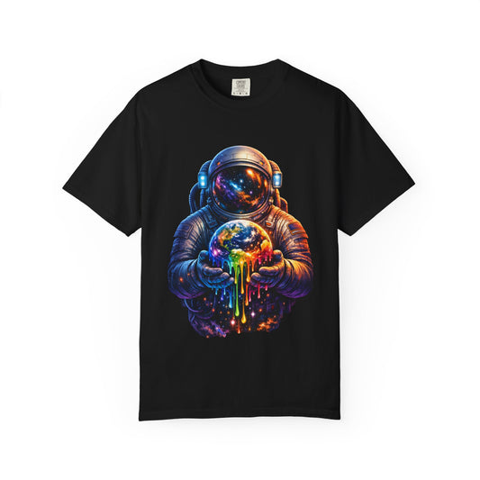 Astronaut Holding Melting Planet T-Shirt — Psychedelic Space Graphic Tee