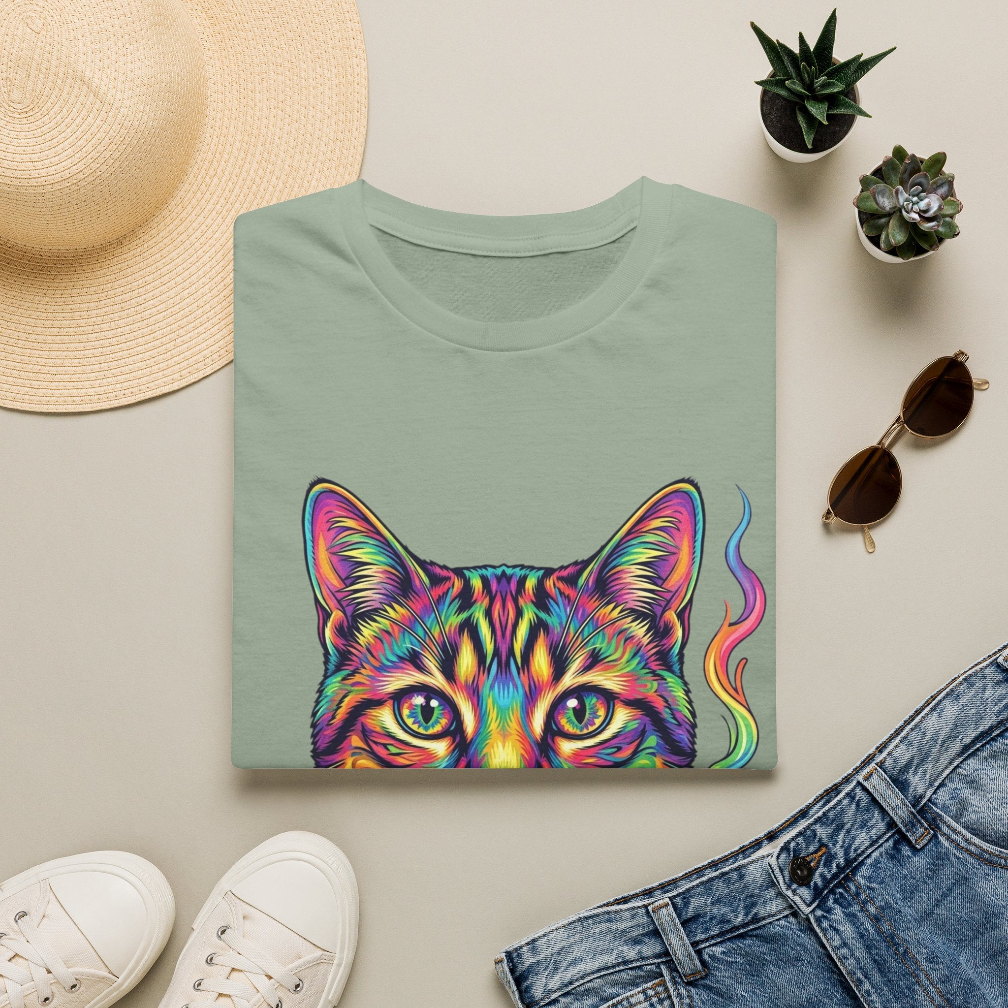 Colorful Psychedelic Cat T-Shirt — Vibrant Rainbow Cat Portrait Tee