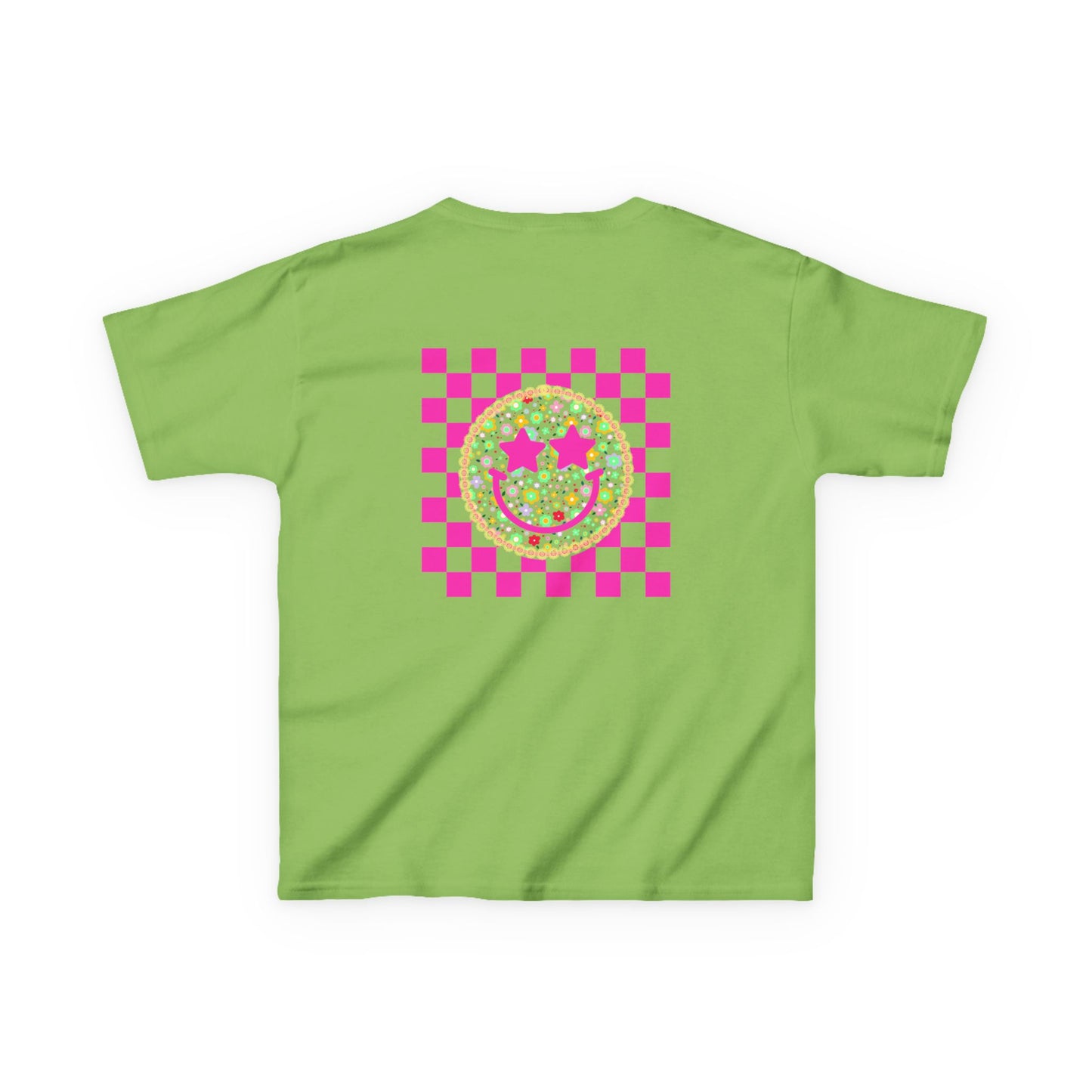 Kids Tee — Retro Pink Checker Smiley Face with Star Eyes