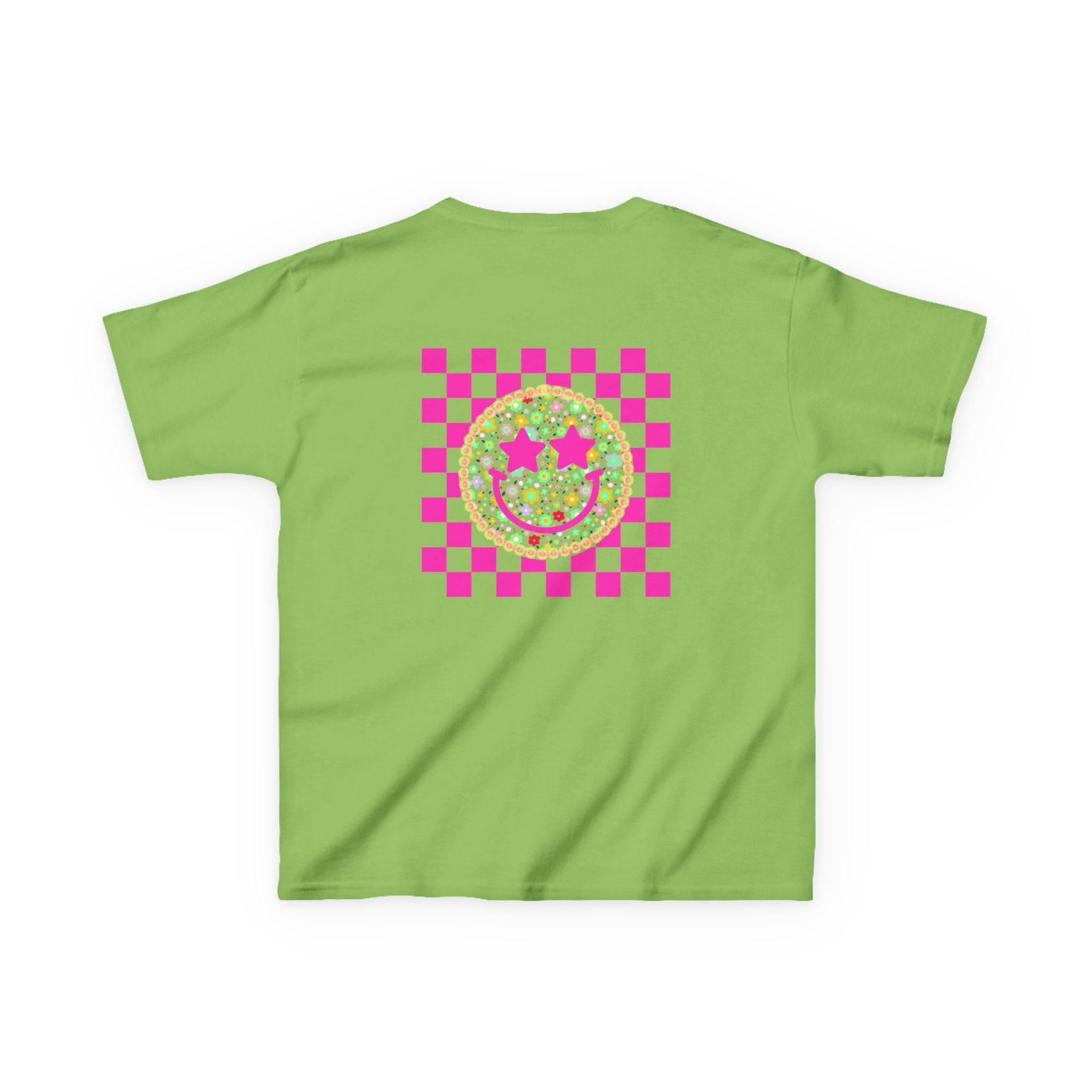 Kids Tee — Retro Pink Checker Smiley Face with Star Eyes