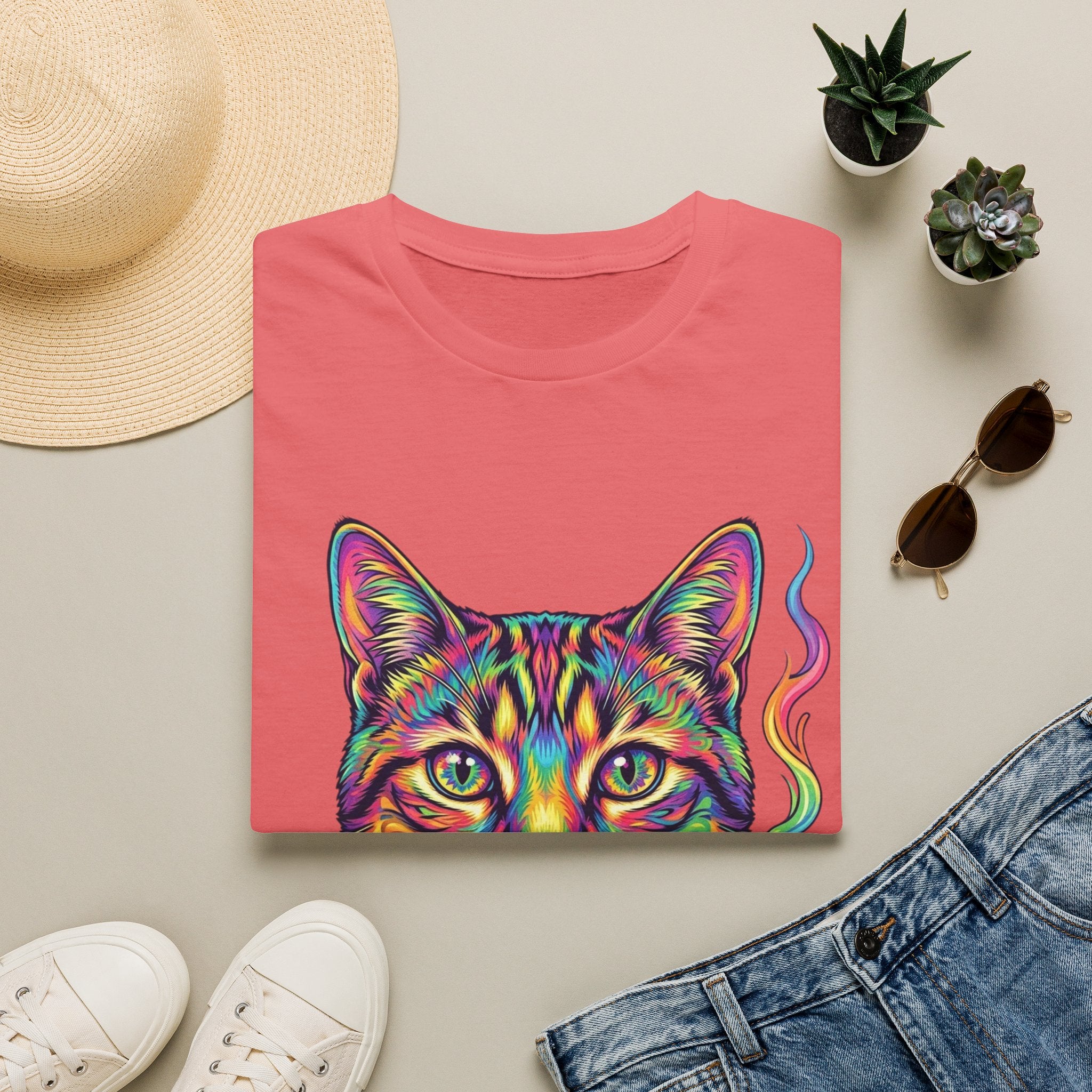 Colorful Psychedelic Cat T-Shirt — Vibrant Rainbow Cat Portrait Tee
