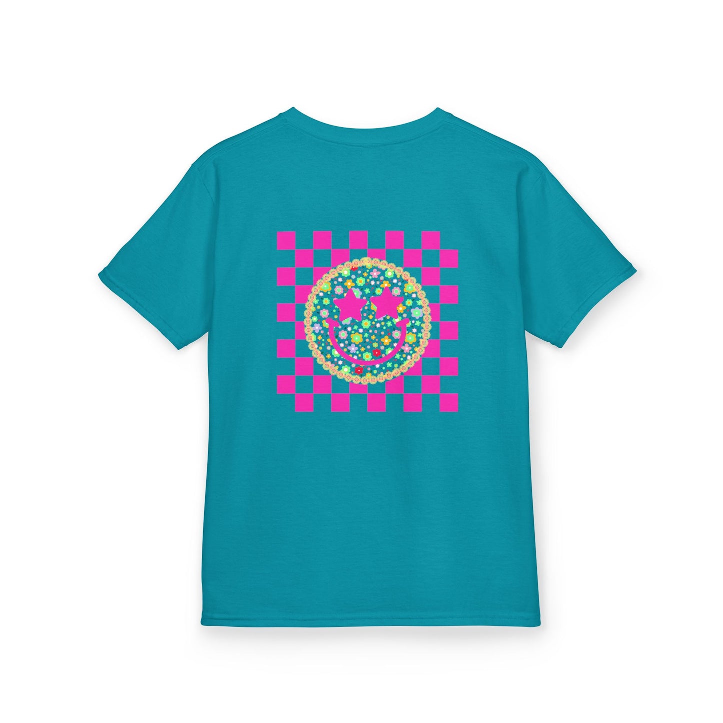Kids Tee — Retro Pink Checker Smiley Face with Star Eyes