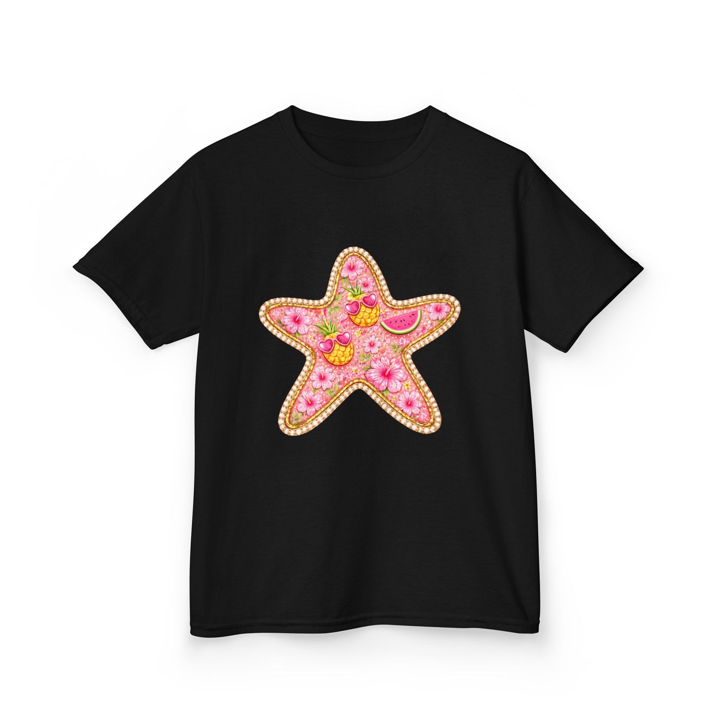 Kids Starfish Tee — Pink Floral Sequin Star Design