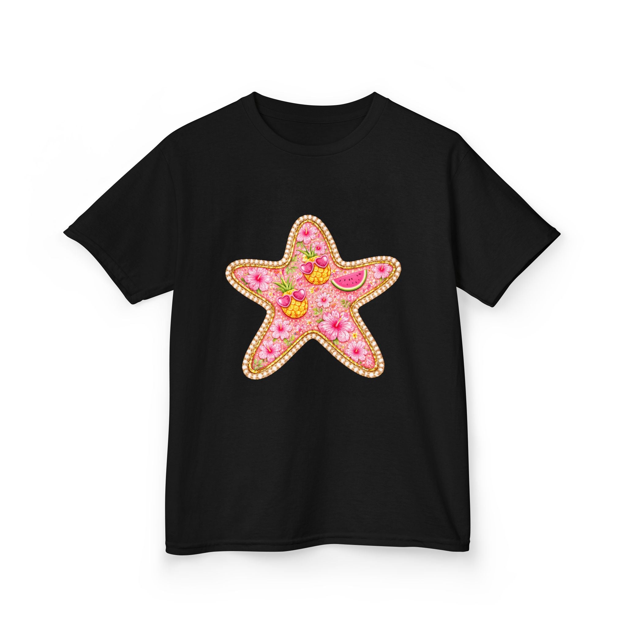 Kids Starfish Tee — Pink Floral Sequin Star Design
