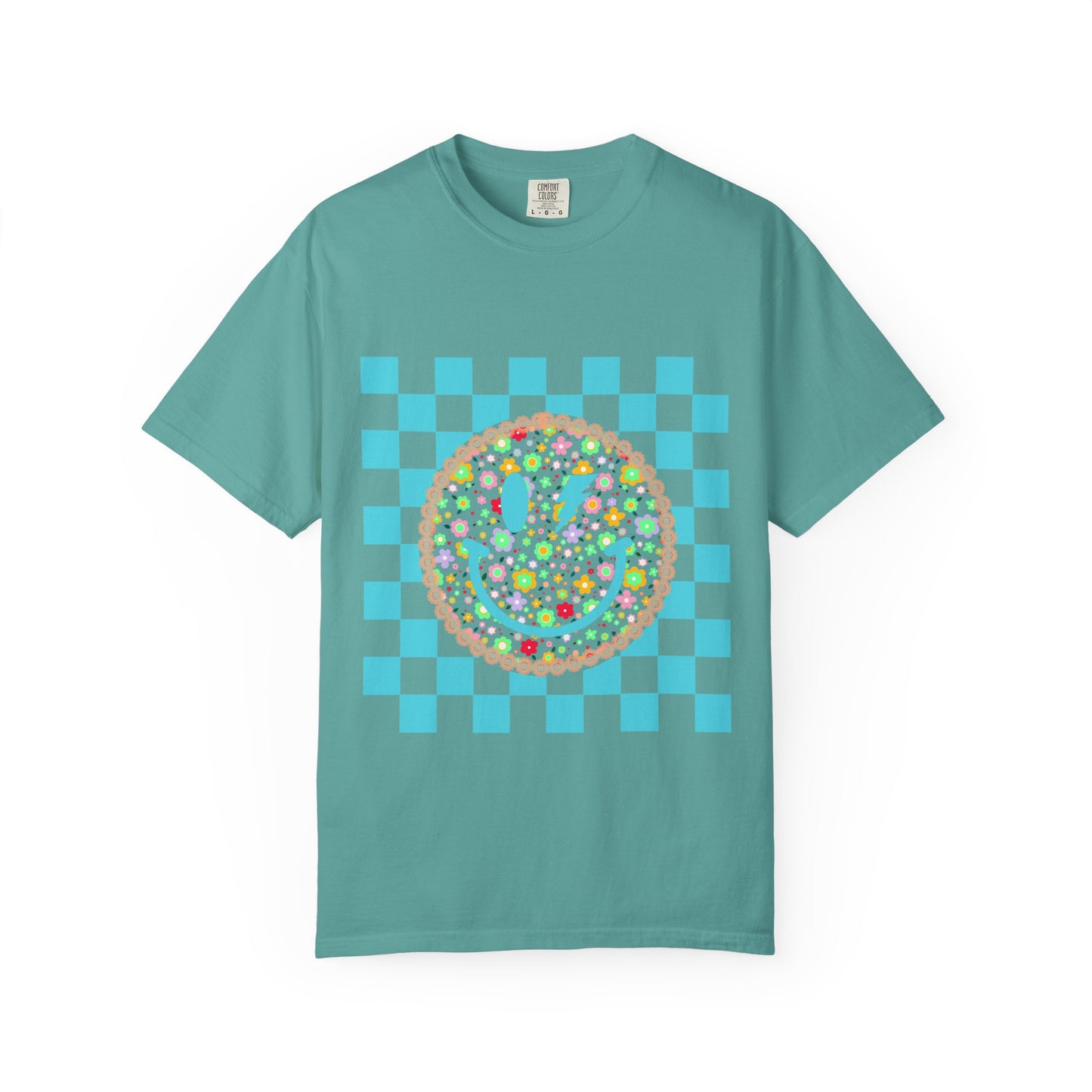 Floral Smiley Checkerboard T-Shirt