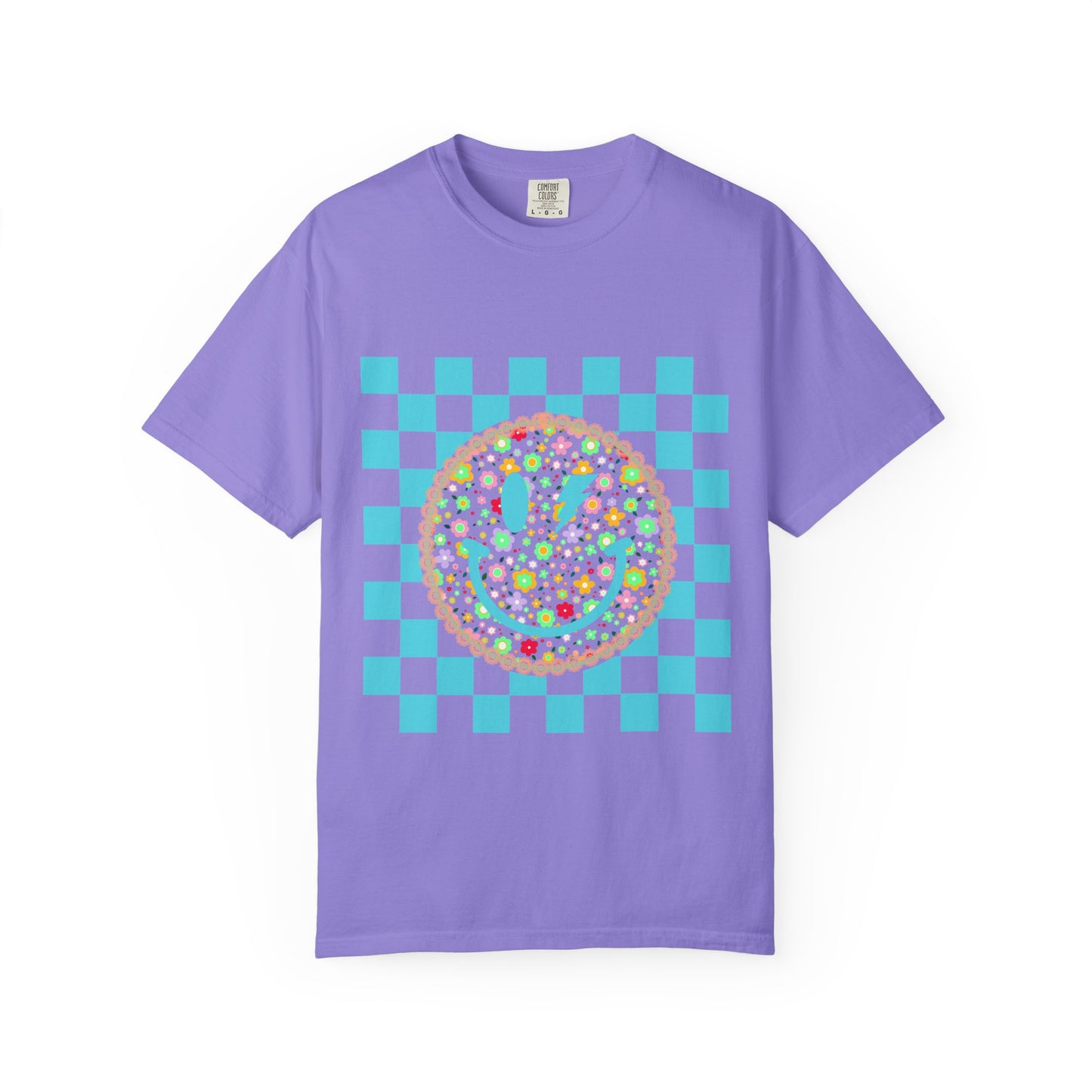 Floral Smiley Checkerboard T-Shirt