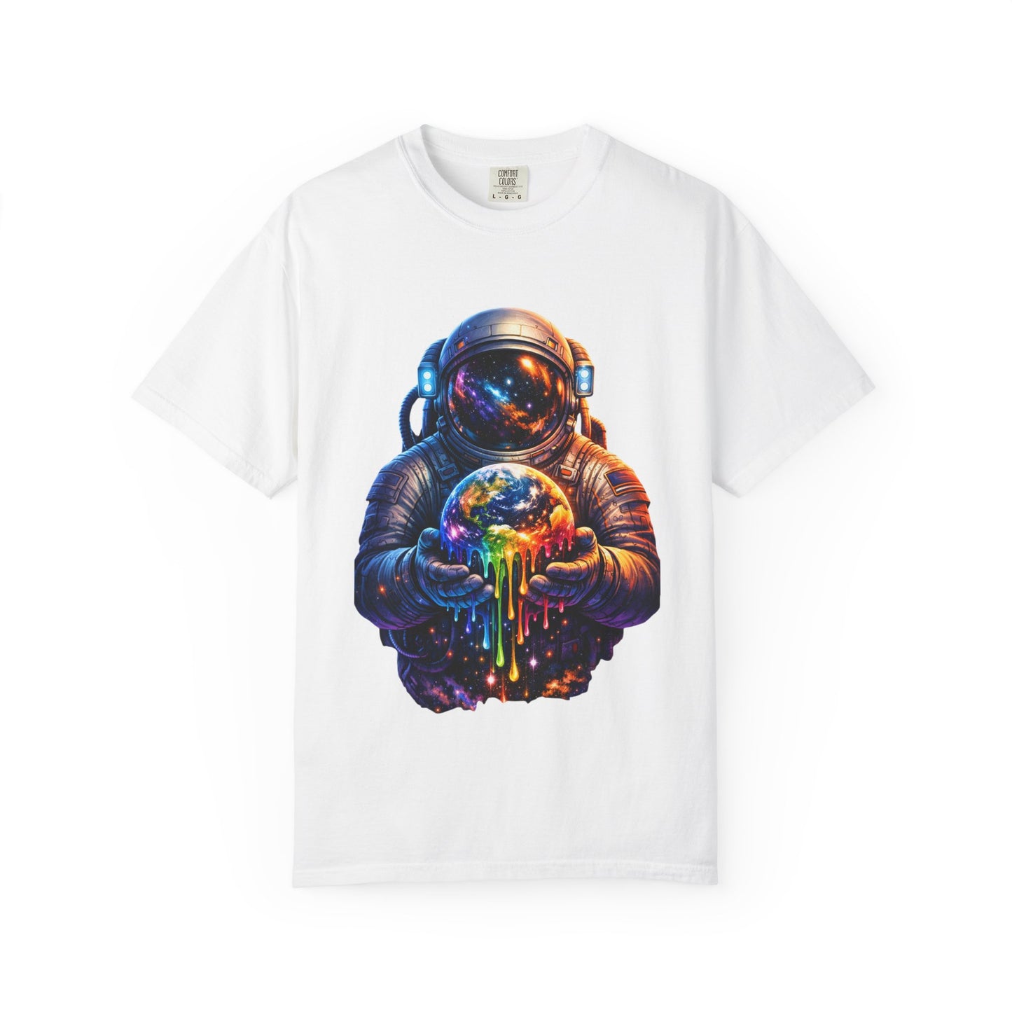 Astronaut Holding Melting Planet T-Shirt — Psychedelic Space Graphic Tee
