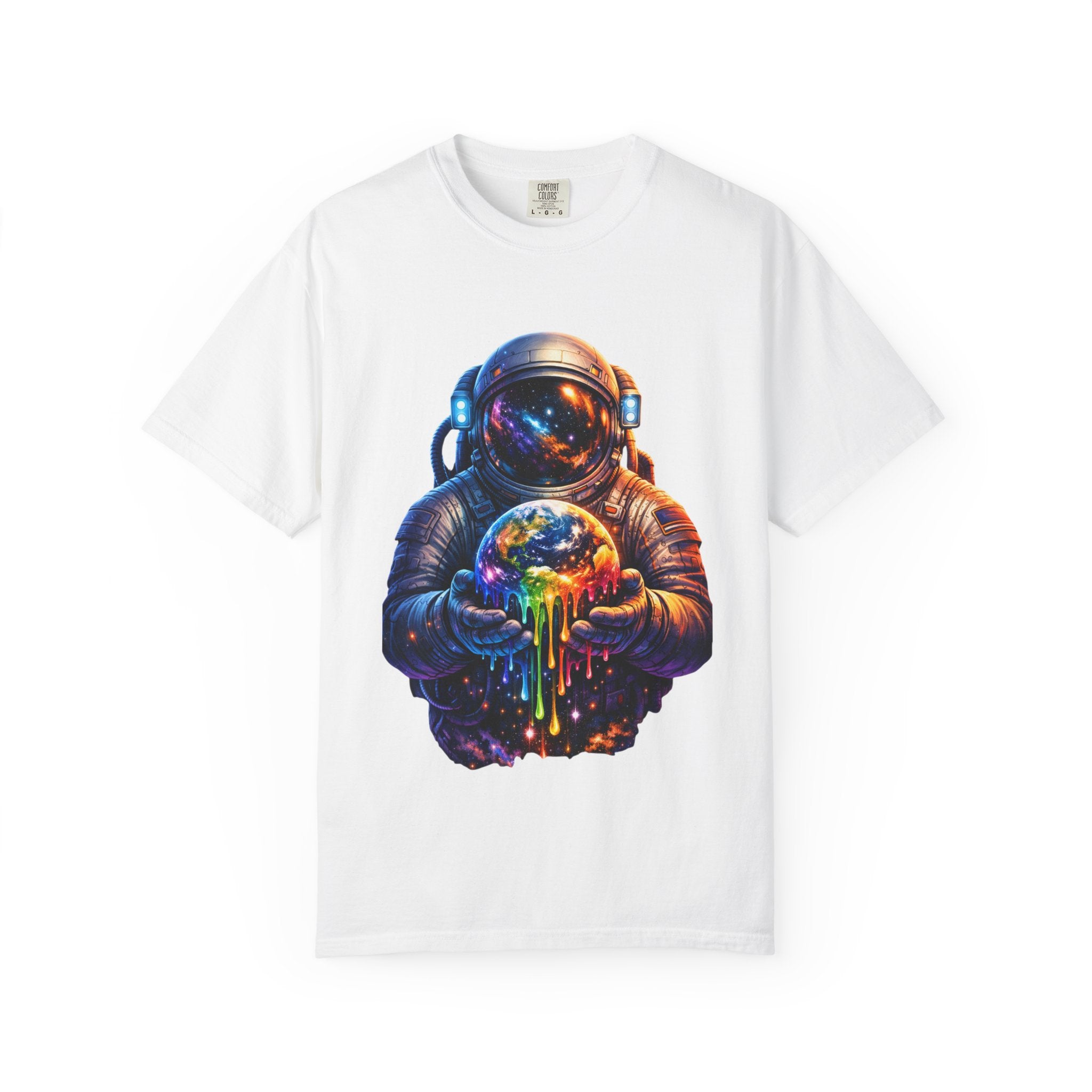 Astronaut Holding Melting Planet T-Shirt — Psychedelic Space Graphic Tee