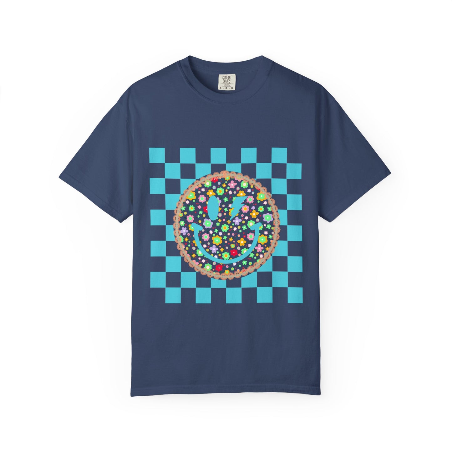 Floral Smiley Checkerboard T-Shirt