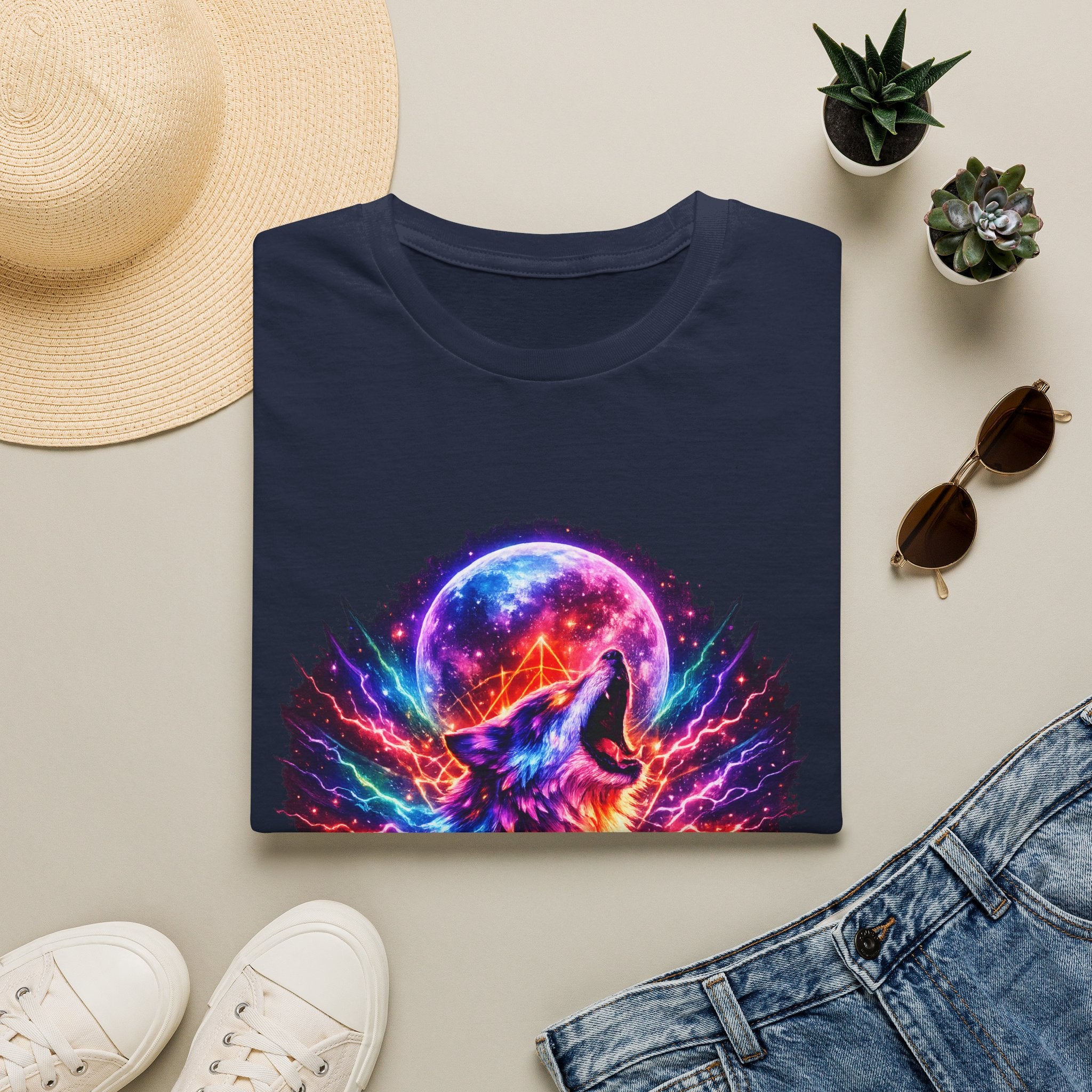 Cosmic Howl T‑Shirt — Neon Galaxy Wolf Graphic Tee