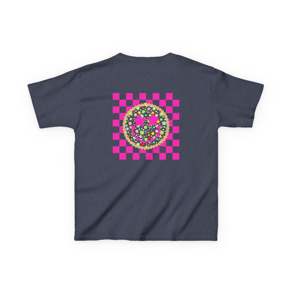 Kids Tee — Retro Pink Checker Smiley Face with Star Eyes