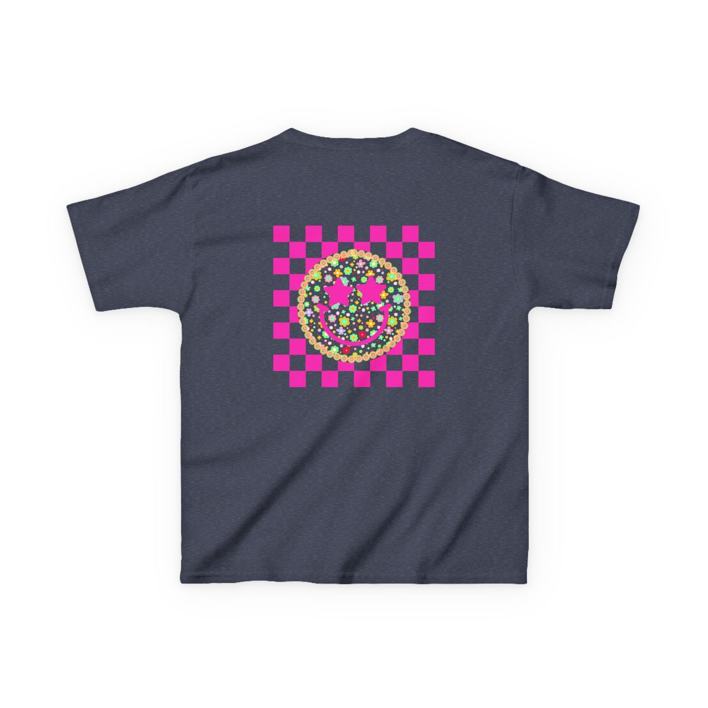 Kids Tee — Retro Pink Checker Smiley Face with Star Eyes