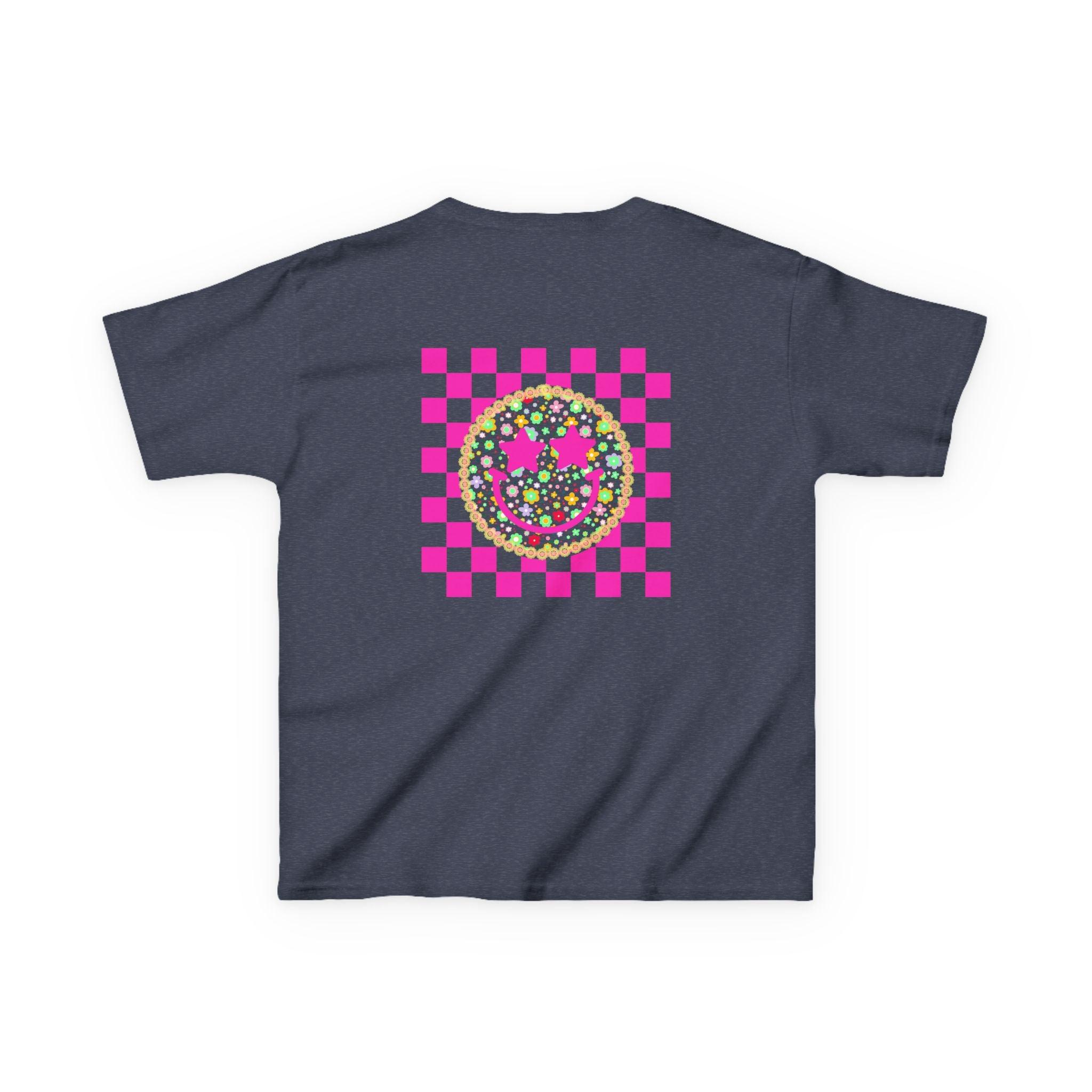 Kids Tee — Retro Pink Checker Smiley Face with Star Eyes