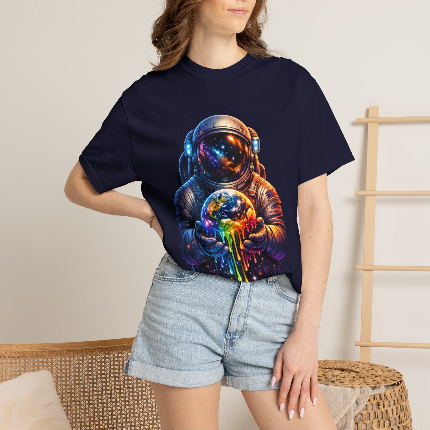 Astronaut Holding Melting Planet T-Shirt — Psychedelic Space Graphic Tee