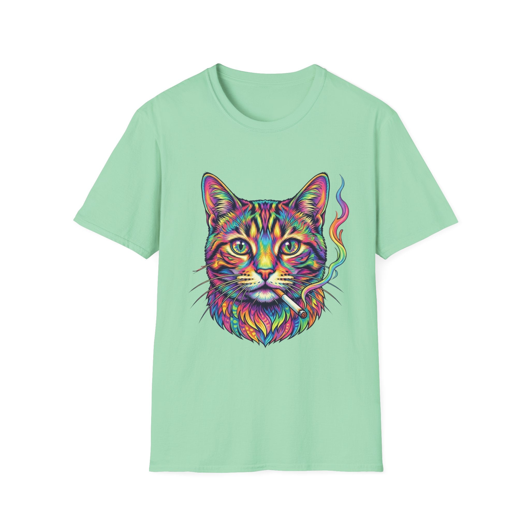 Colorful Psychedelic Cat T-Shirt — Vibrant Rainbow Cat Portrait Tee