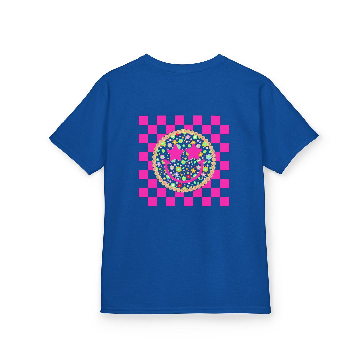 Kids Tee — Retro Pink Checker Smiley Face with Star Eyes