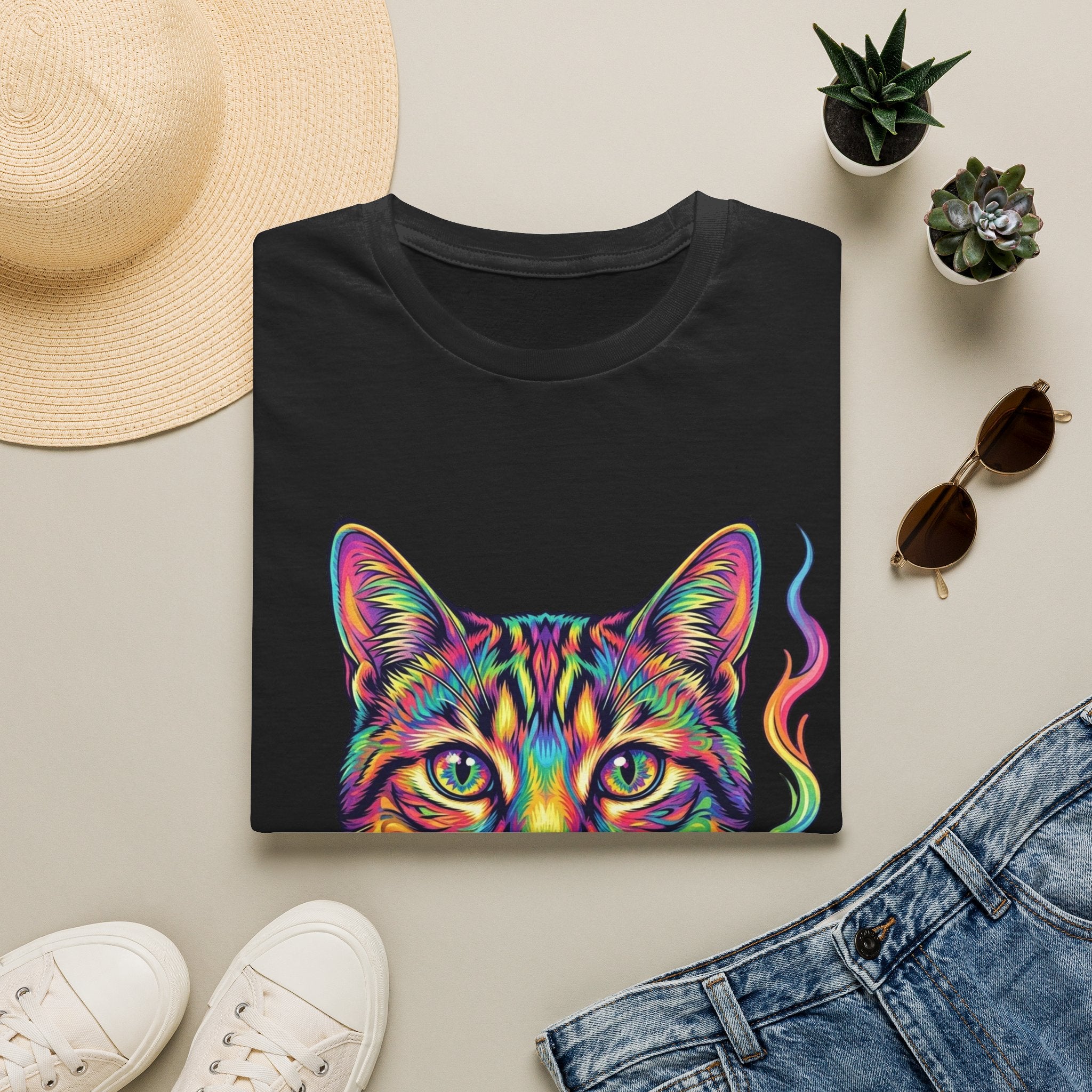 Colorful Psychedelic Cat T-Shirt — Vibrant Rainbow Cat Portrait Tee